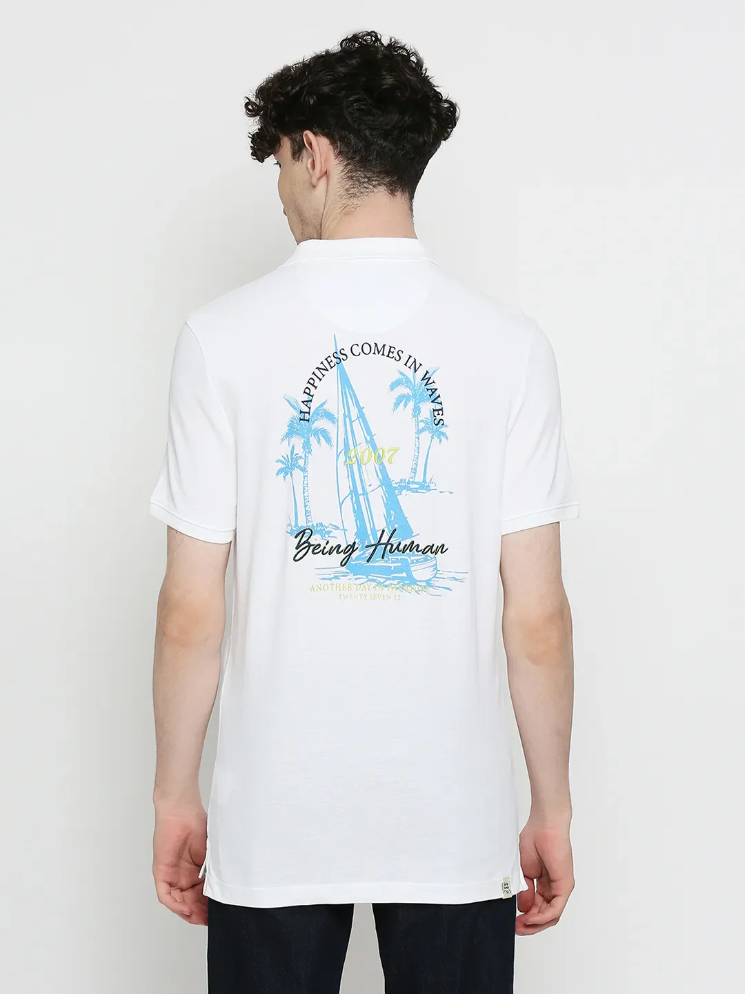 White Regular Fit Men's Polo T-Shirt by Being Human Clothing - Image 4