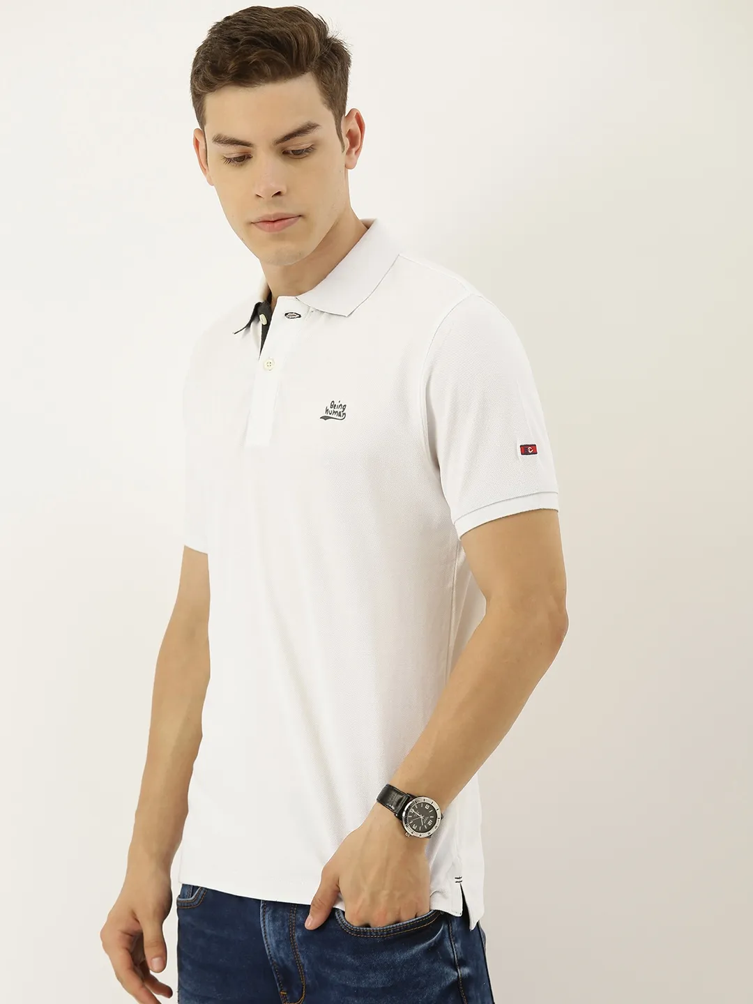 White Regular Fit Men's Polo T-Shirt by Being Human Clothing - Image 2