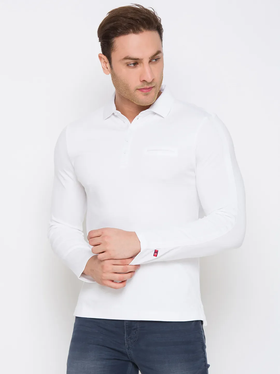 White Regular Fit Men's Long Sleeves Polo T-Shirt by Being Human Clothing