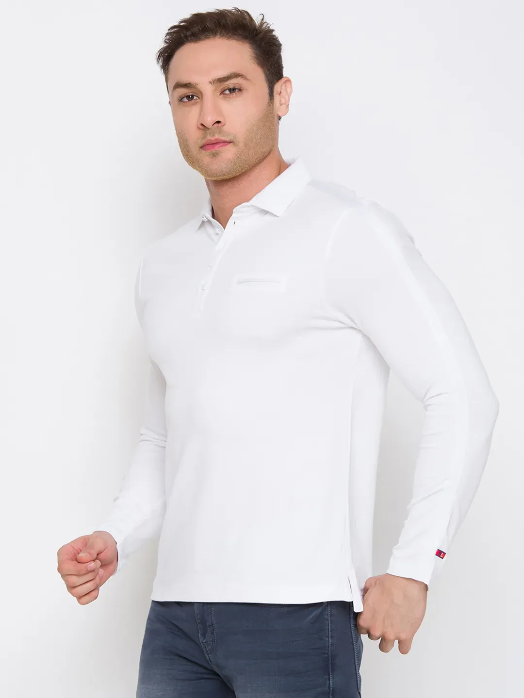 White Regular Fit Men's Long Sleeves Polo T-Shirt by Being Human Clothing - Image 2