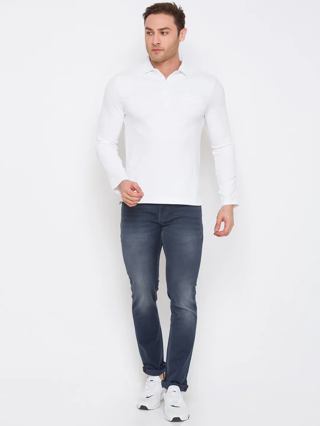 White Regular Fit Men's Long Sleeves Polo T-Shirt by Being Human Clothing - Image 5