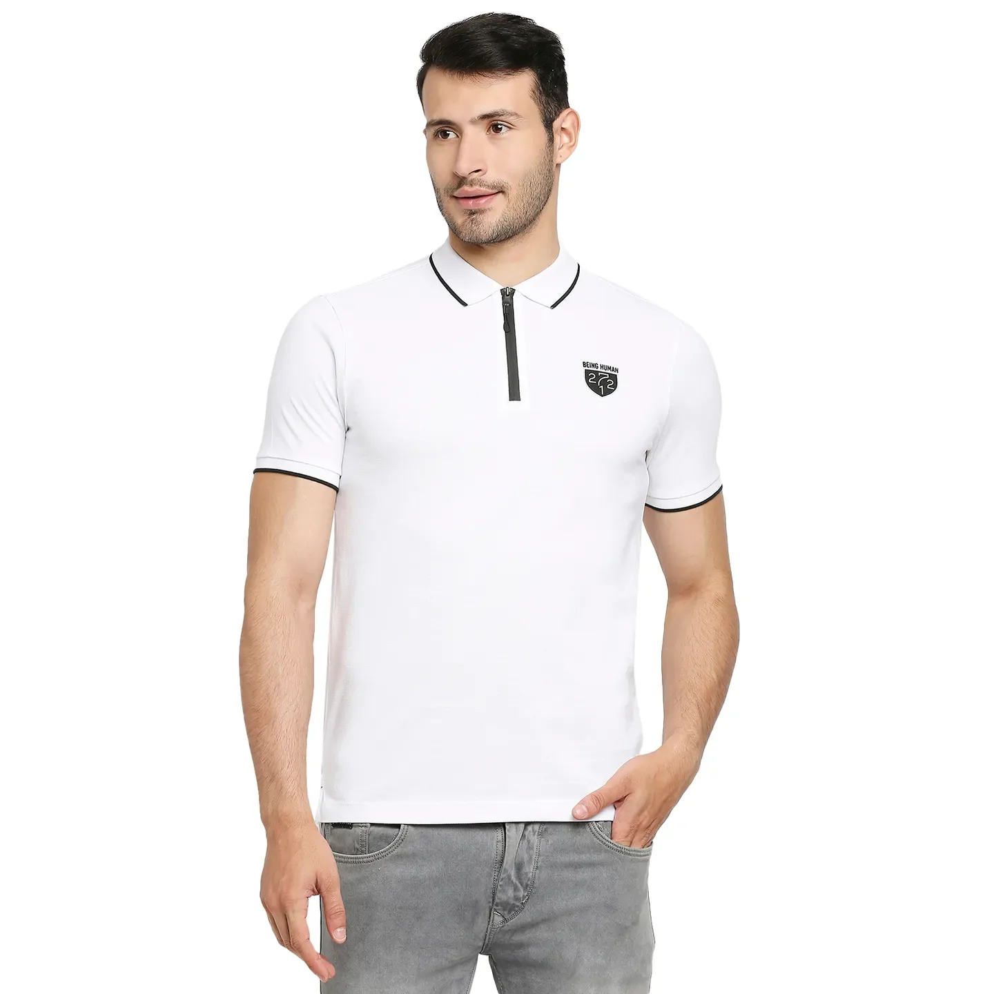 White Regular Fit Men's Polo T-Shirt by Being Human Clothing