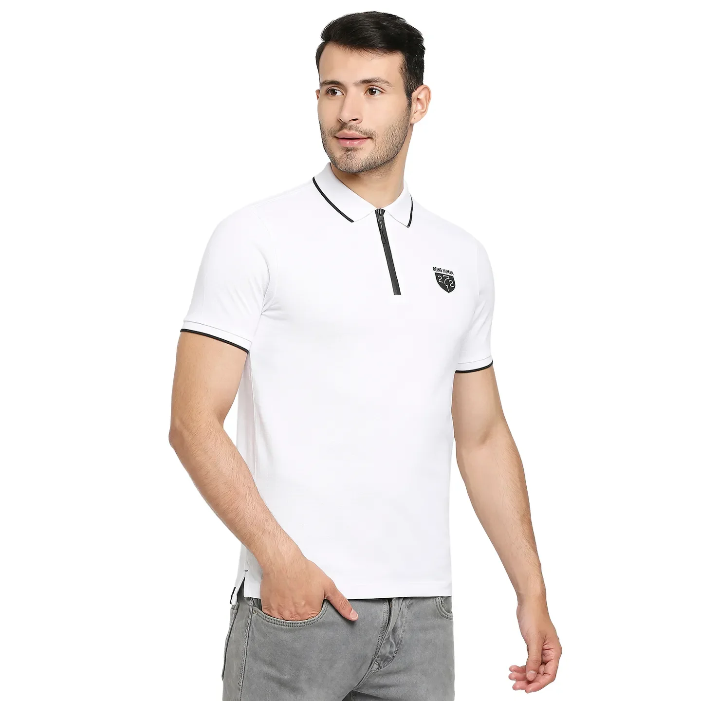 White Regular Fit Men's Polo T-Shirt by Being Human Clothing - Image 3