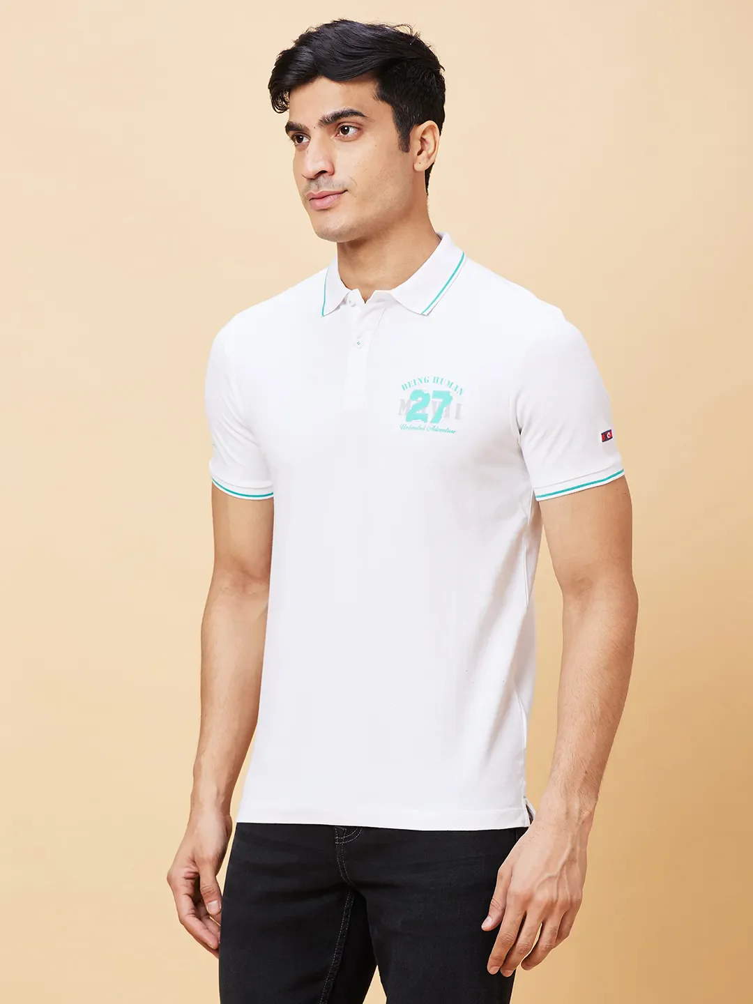 White Regular Fit Men's Polo T-Shirt by Being Human Clothing - Image 3
