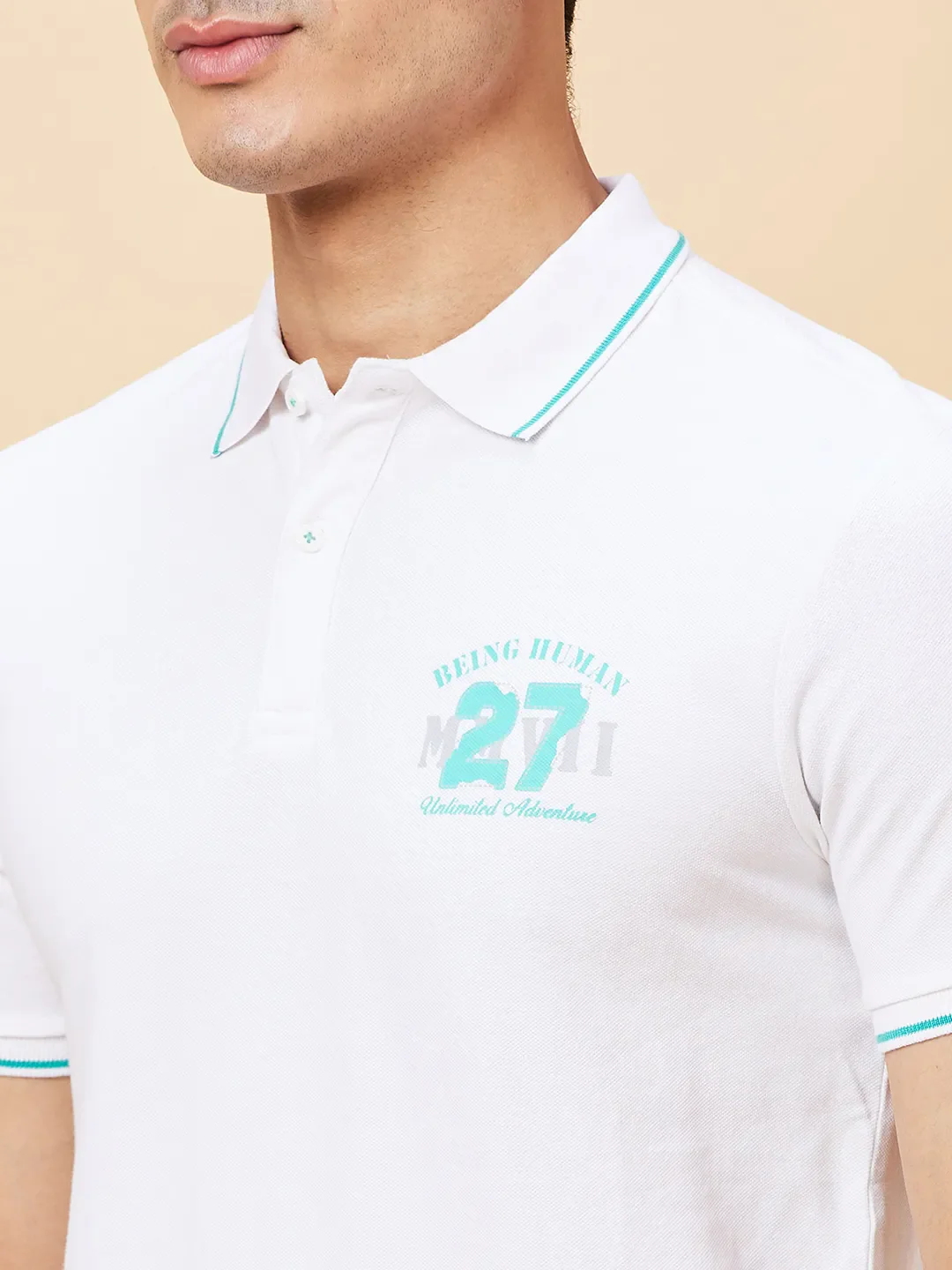 White Regular Fit Men's Polo T-Shirt by Being Human Clothing - Image 5