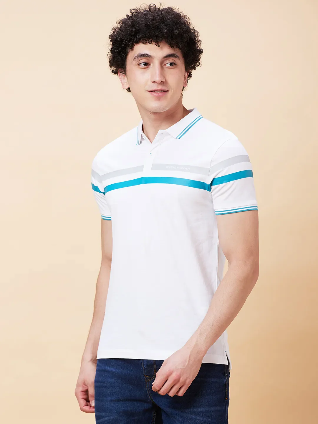 White Regular Fit Men's Polo T-Shirt by Being Human Clothing - Image 3