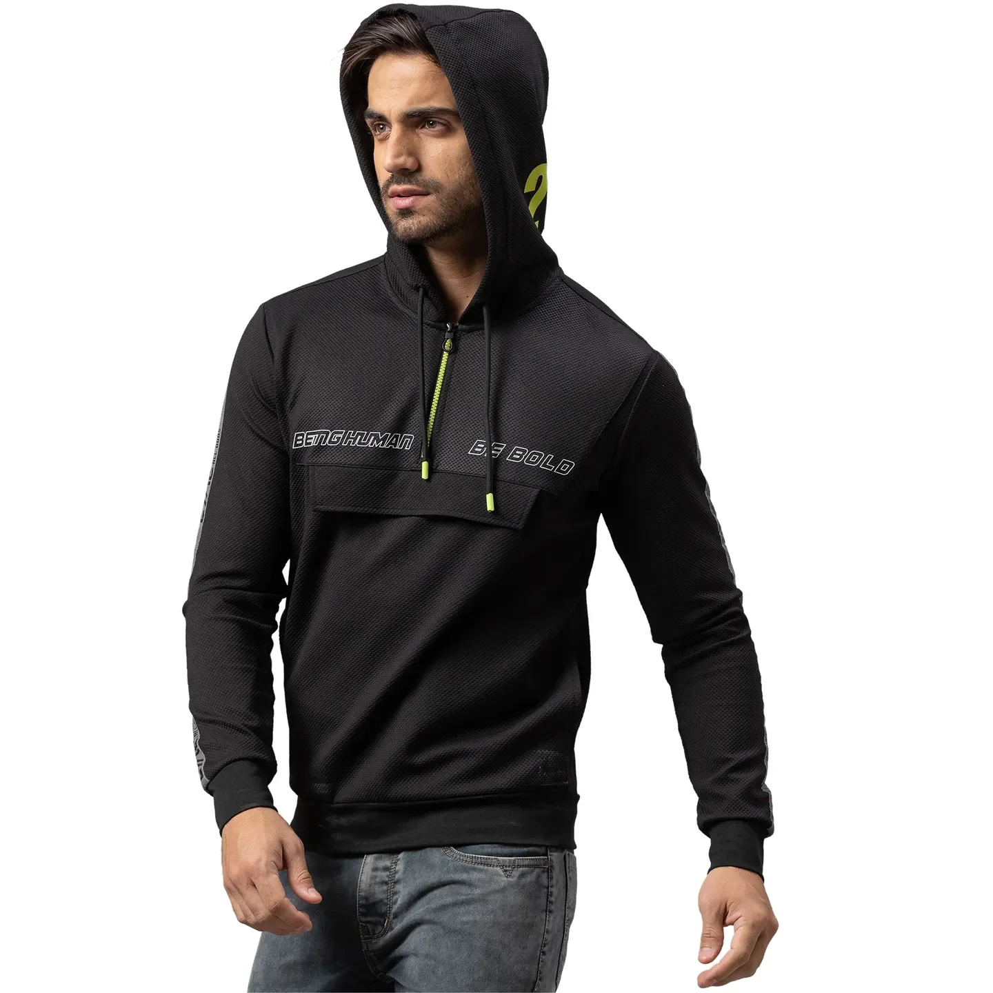 Black Regular Fit Round Neck Long Sleeves Cotton Men's Hoodie by Being Human Clothing - Image 4