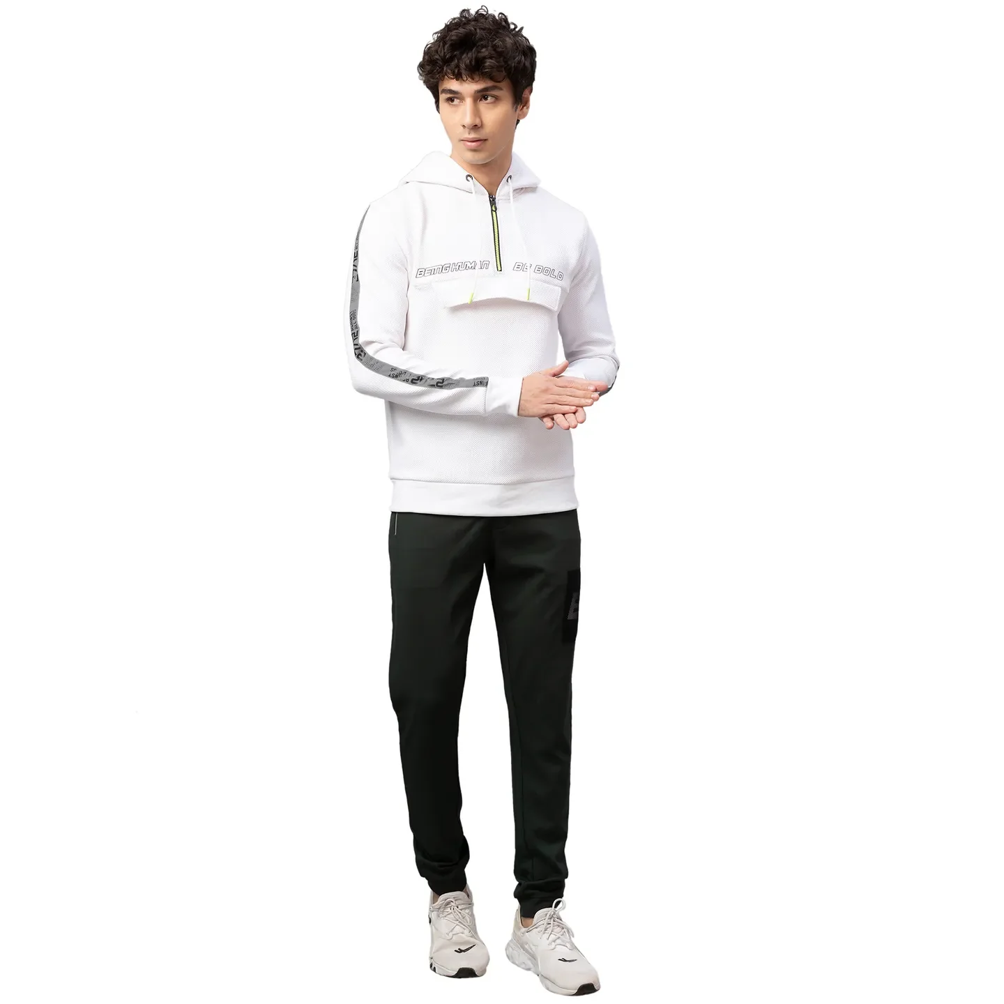 White Regular Fit Round Neck Long Sleeves Cotton Men's Hoodie by Being Human Clothing - Image 5