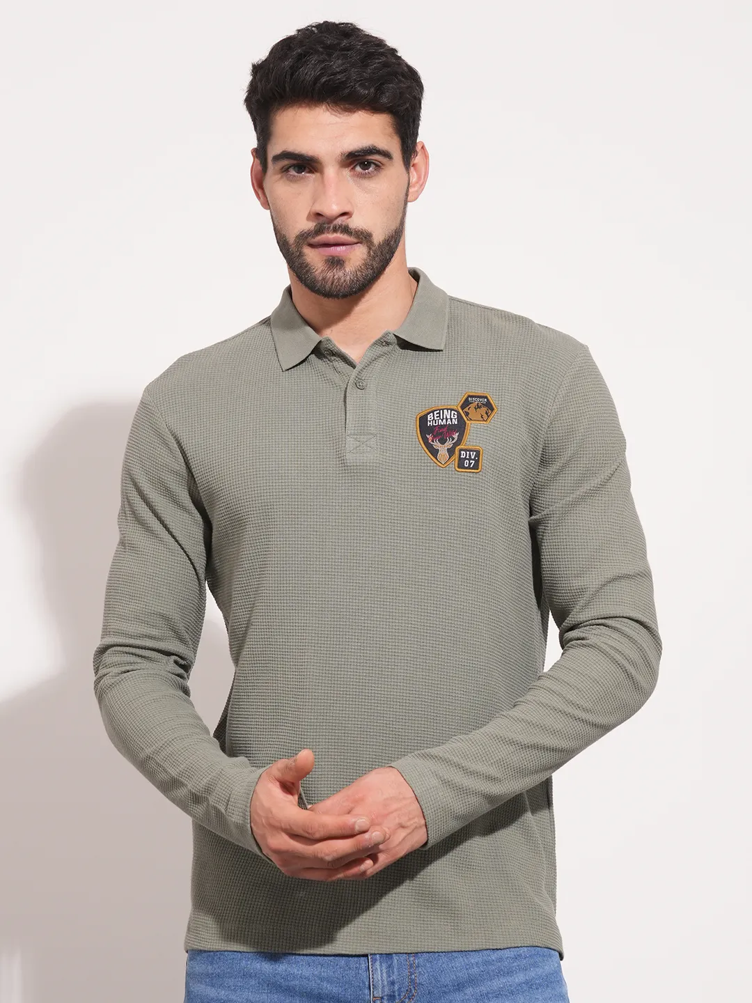 Green Regular Fit Men's Long Sleeves Polo T-Shirt by Being Human Clothing
