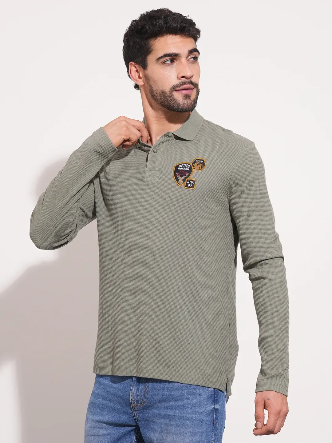 Green Regular Fit Men's Long Sleeves Polo T-Shirt by Being Human Clothing - Image 4