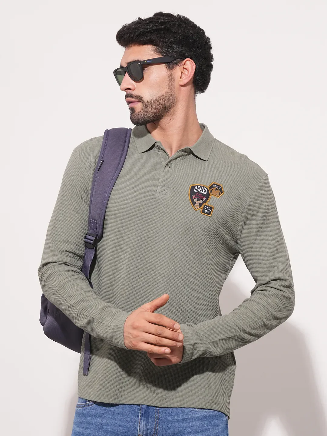 Green Regular Fit Men's Long Sleeves Polo T-Shirt by Being Human Clothing - Image 6