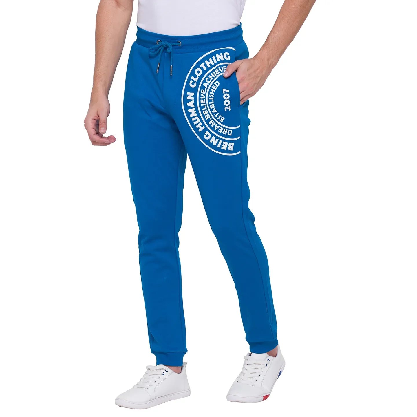 Marine Blue Regular Fit Track Pants For Men By Being Human Clothing - Image 3