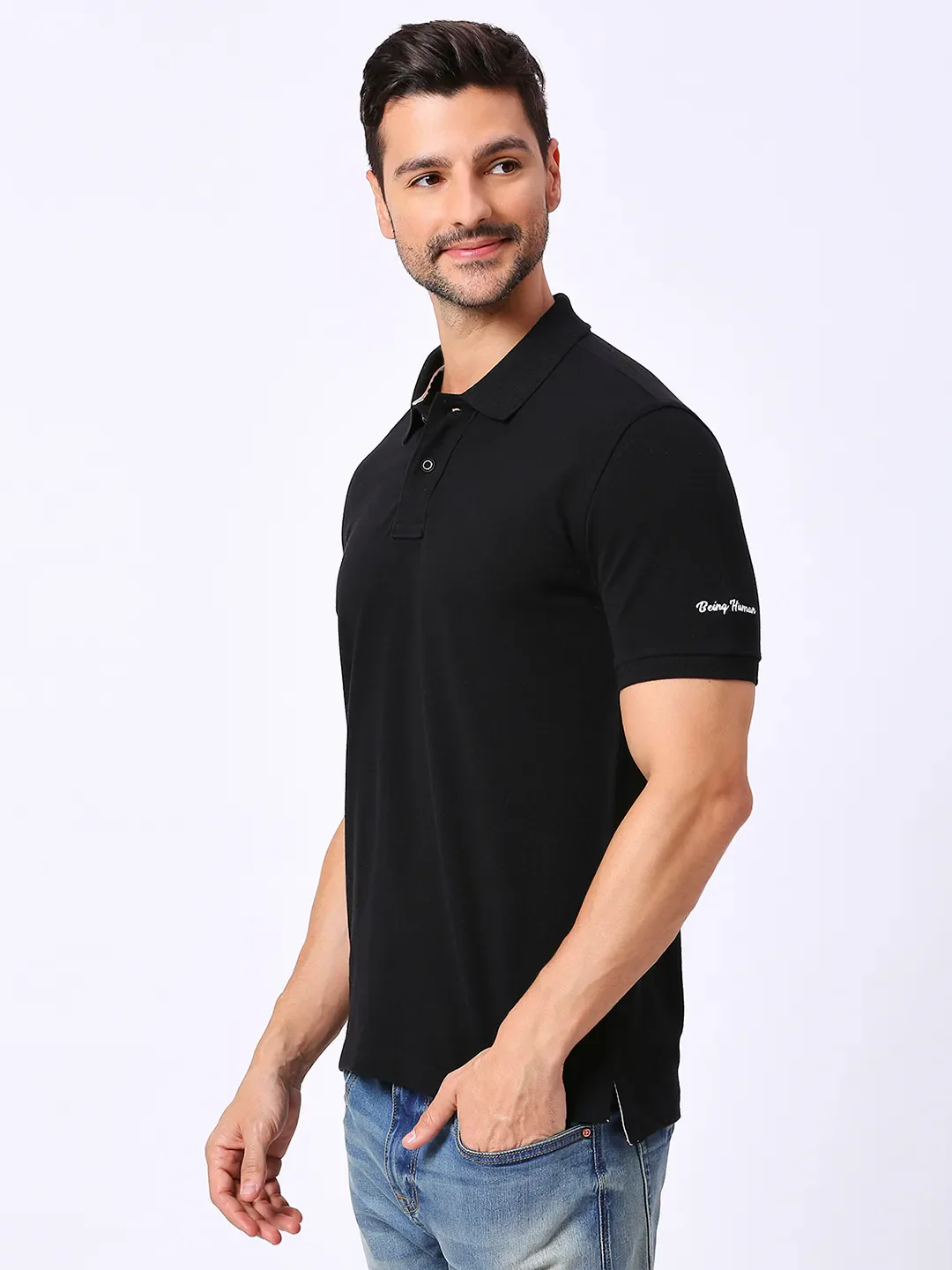 Black Regular Fit Men's Polo T-Shirt by Being Human Clothing - Image 2