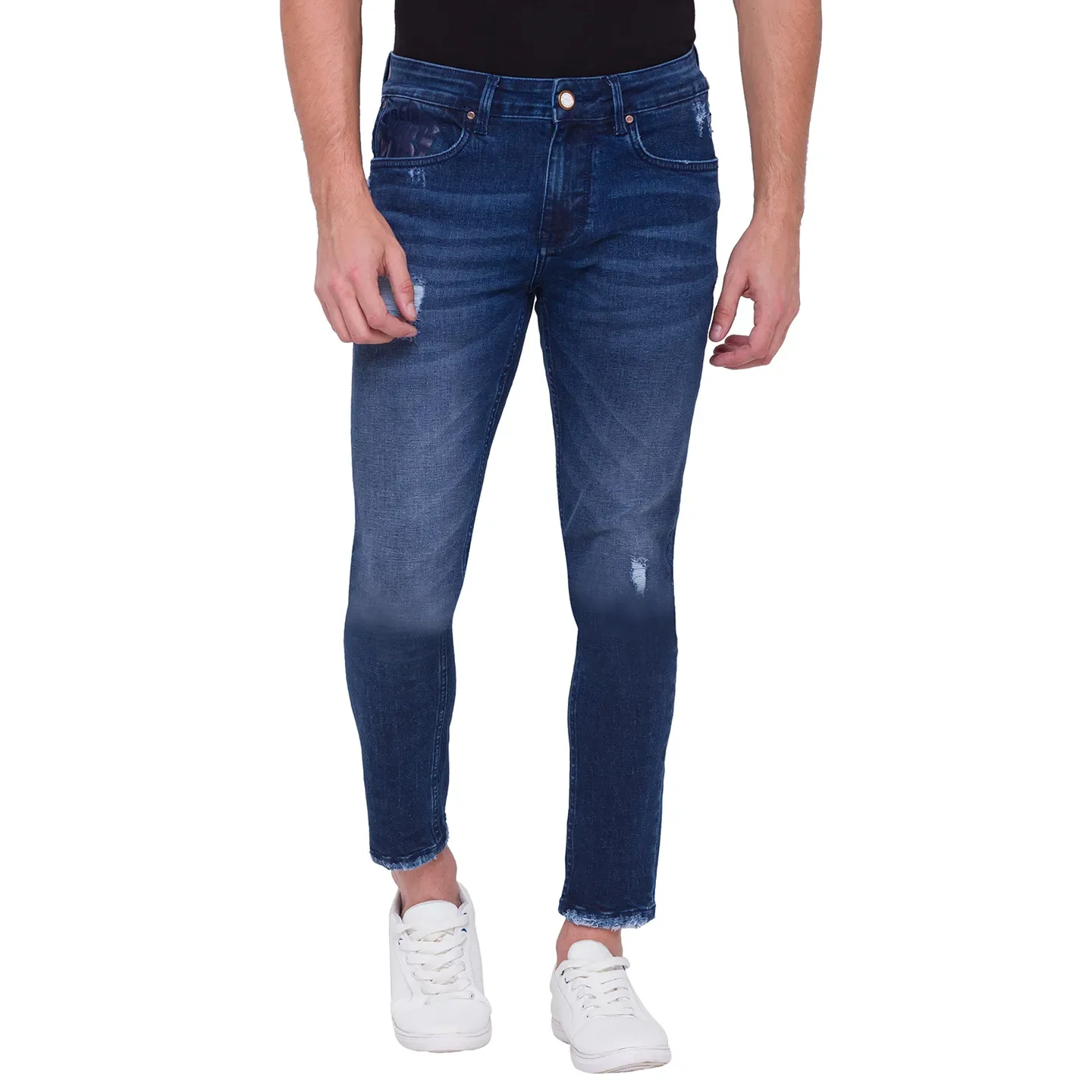 Dark Blue Skinny Cropped Fit Denims For Men By Being Human Clothing