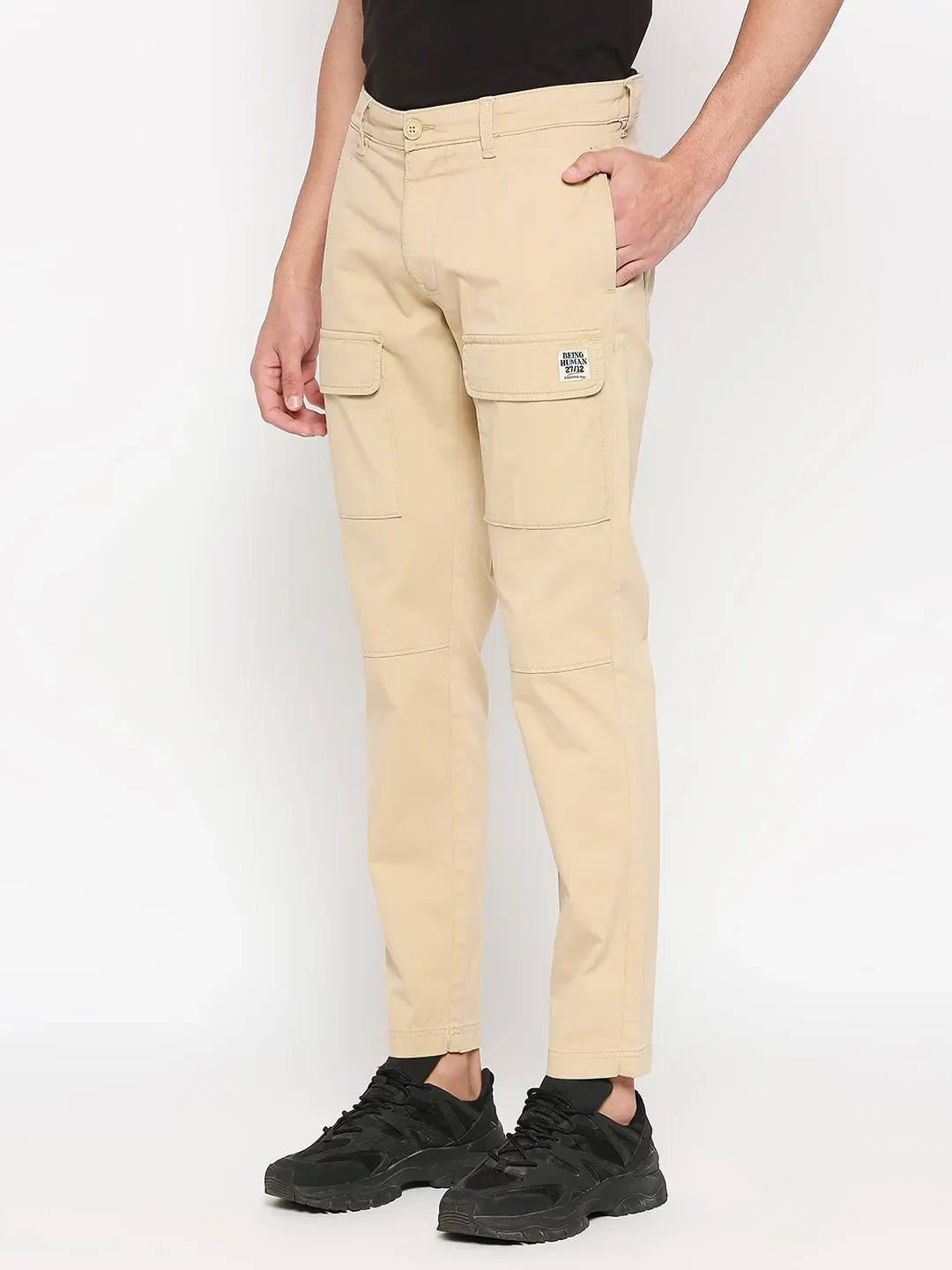 Beige Slim Straight Fit Men's Cargos by Being Human Clothing - Image 2