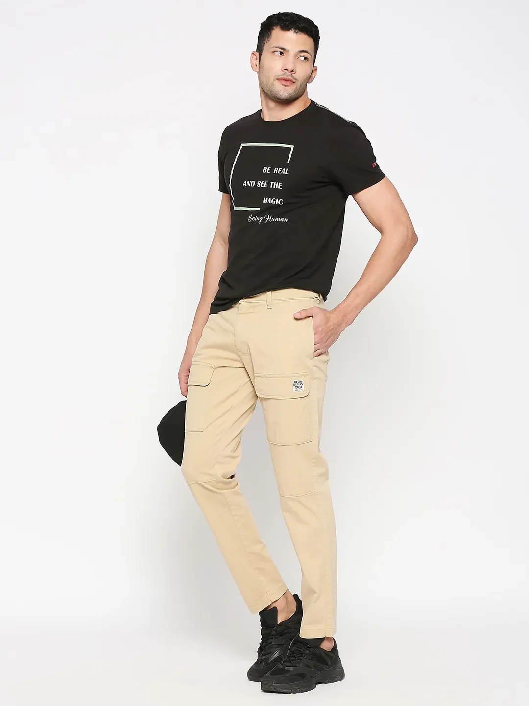 Beige Slim Straight Fit Men's Cargos by Being Human Clothing - Image 6