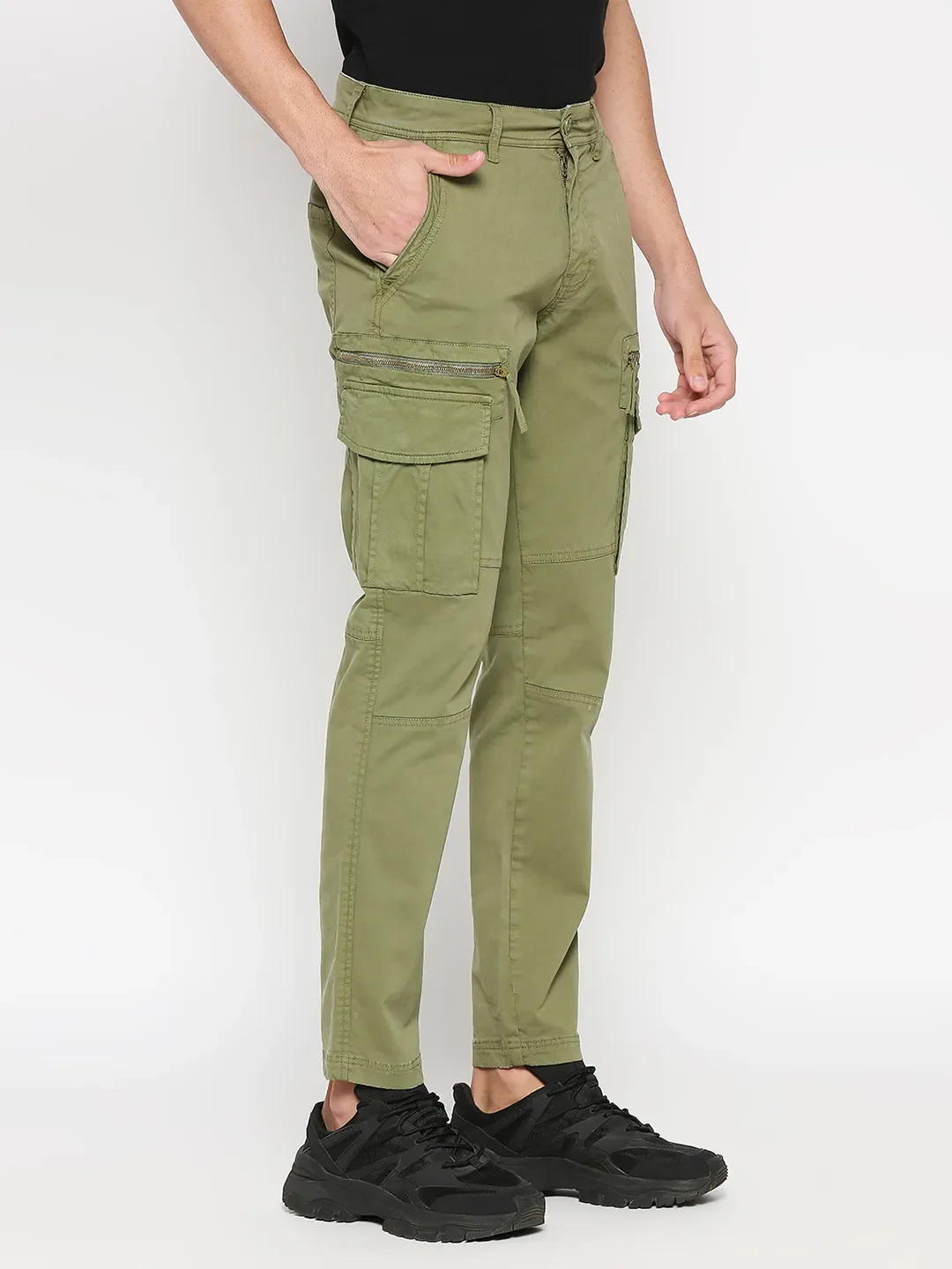 Olive Slim Straight Fit Men's Cargos by Being Human Clothing - Image 3