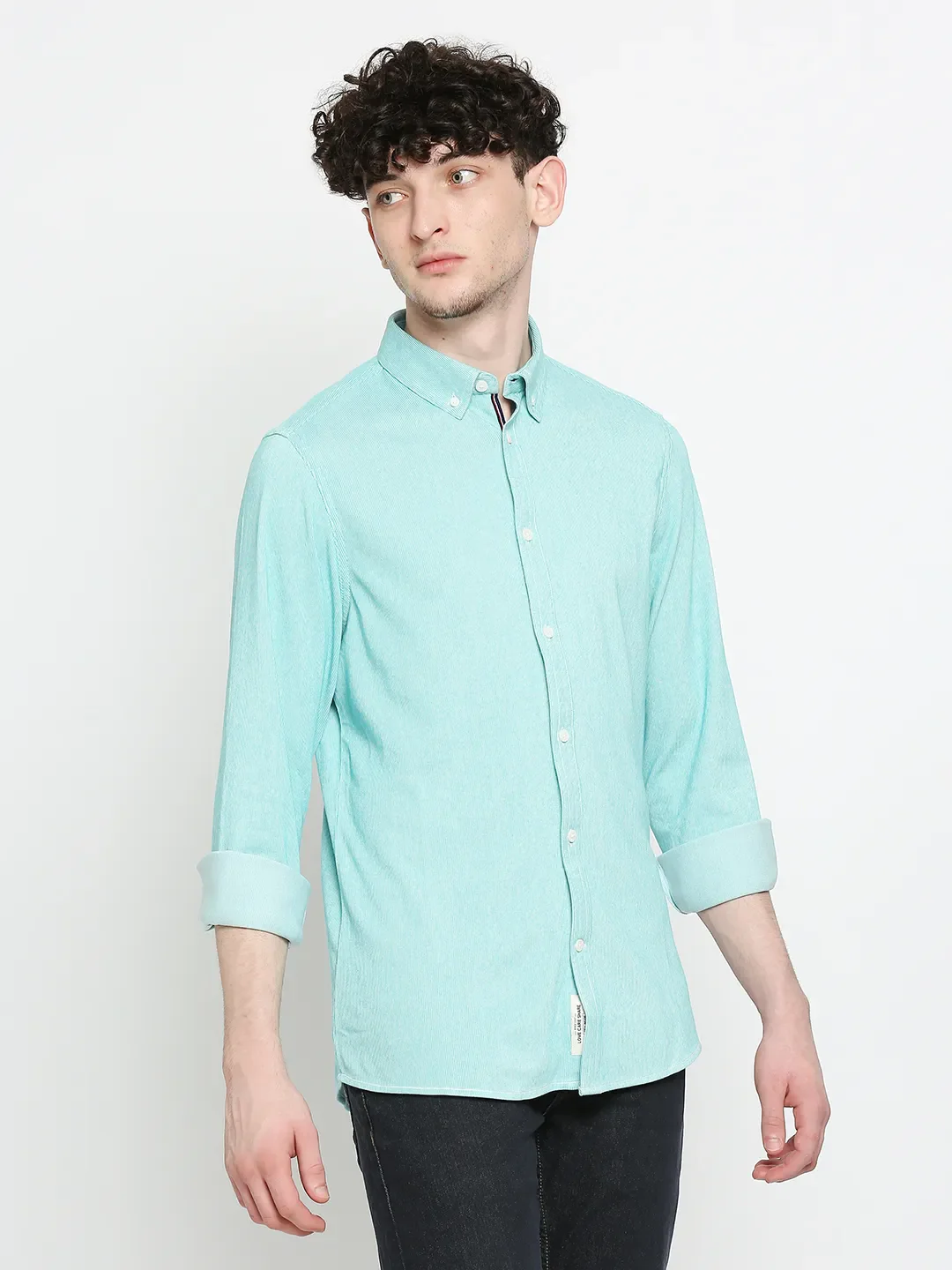 Blue Slim Straight Fit Regular Collar Long Sleeves Cotton Men's Shirt by Being Human Clothing - Image 3
