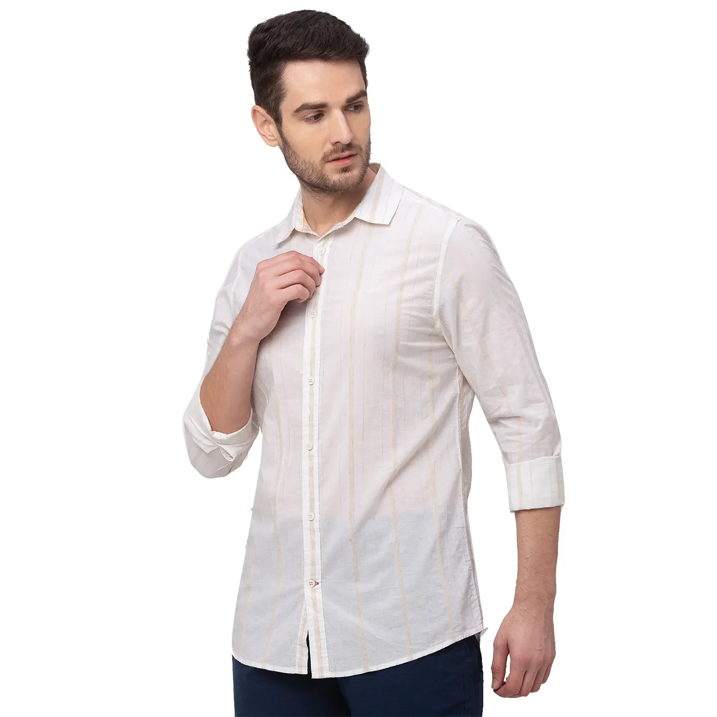 Beige Slim Straight Fit Regular Collar Long Sleeves Linen Men's Shirt by Being Human Clothing - Image 3