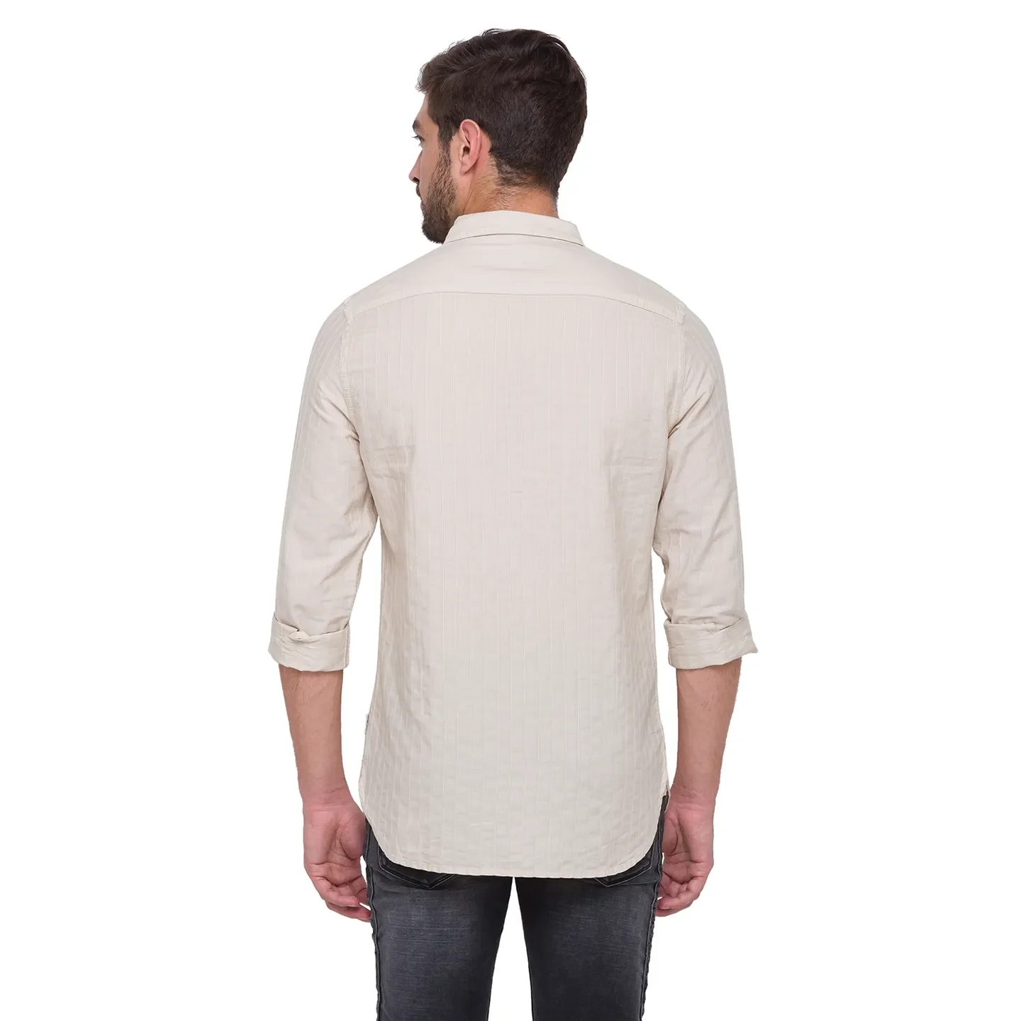 Beige Slim Straight Fit Regular Collar Long Sleeves Cotton Men's Shirt by Being Human Clothing - Image 3