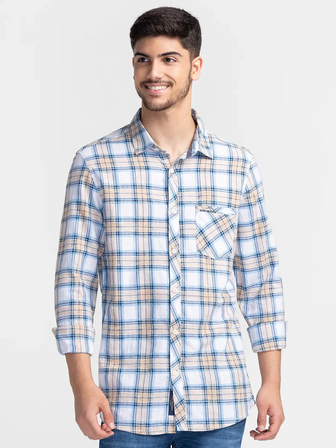 Beige Slim Fit Regular Collar Men's Shirt by Being Human Clothing
