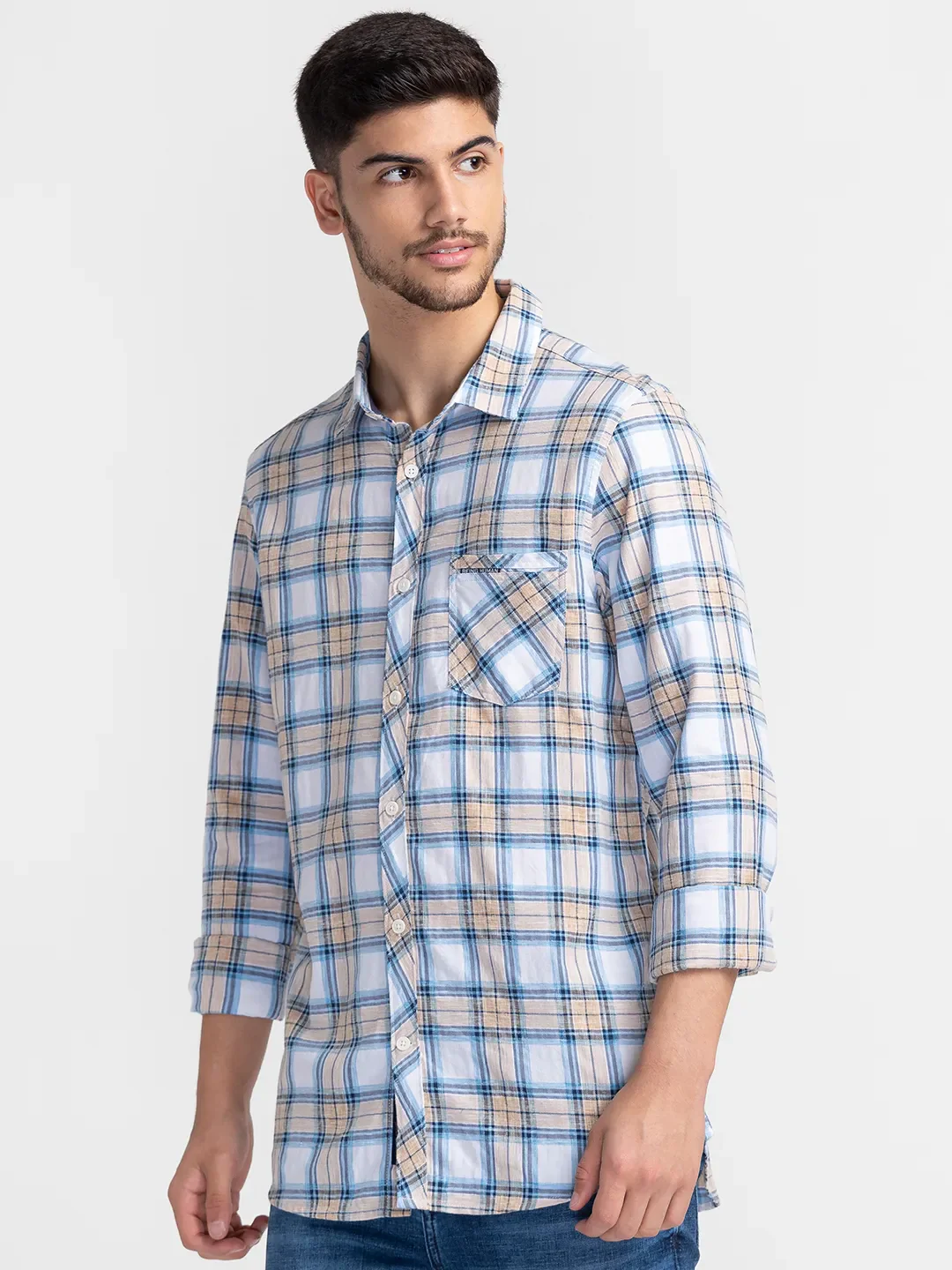 Beige Slim Fit Regular Collar Men's Shirt by Being Human Clothing - Image 4