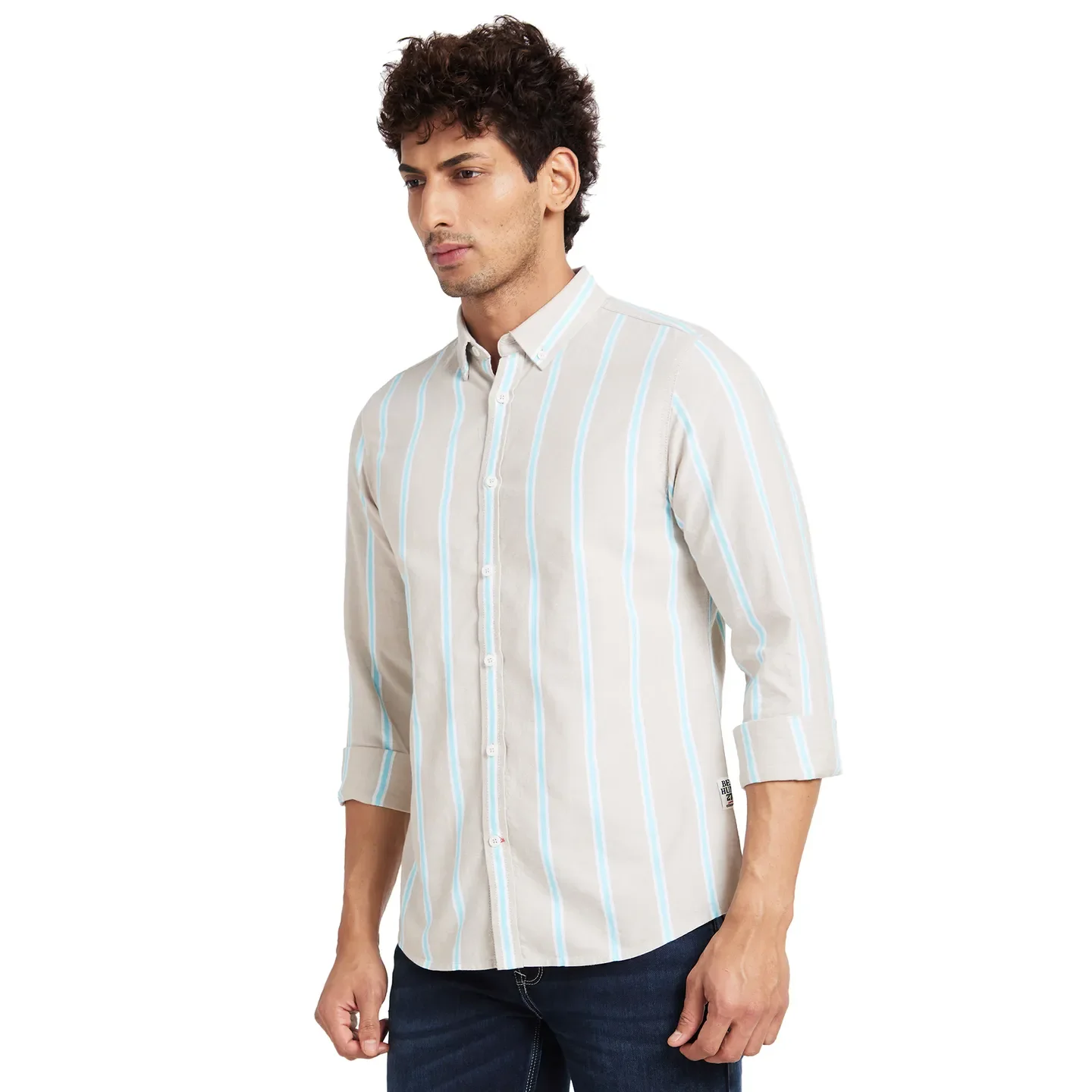 Beige Slim Straight Fit Regular Collar Long Sleeves Men's Shirt by Being Human Clothing - Image 3