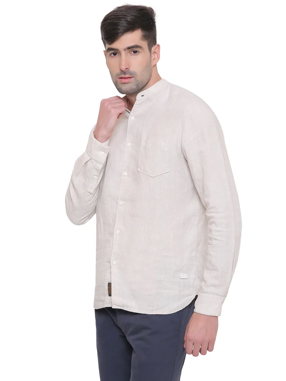 Beige Slim Straight Fit Mandarin Collar Long Sleeves Cotton Men's Shirt by Being Human Clothing - Image 2