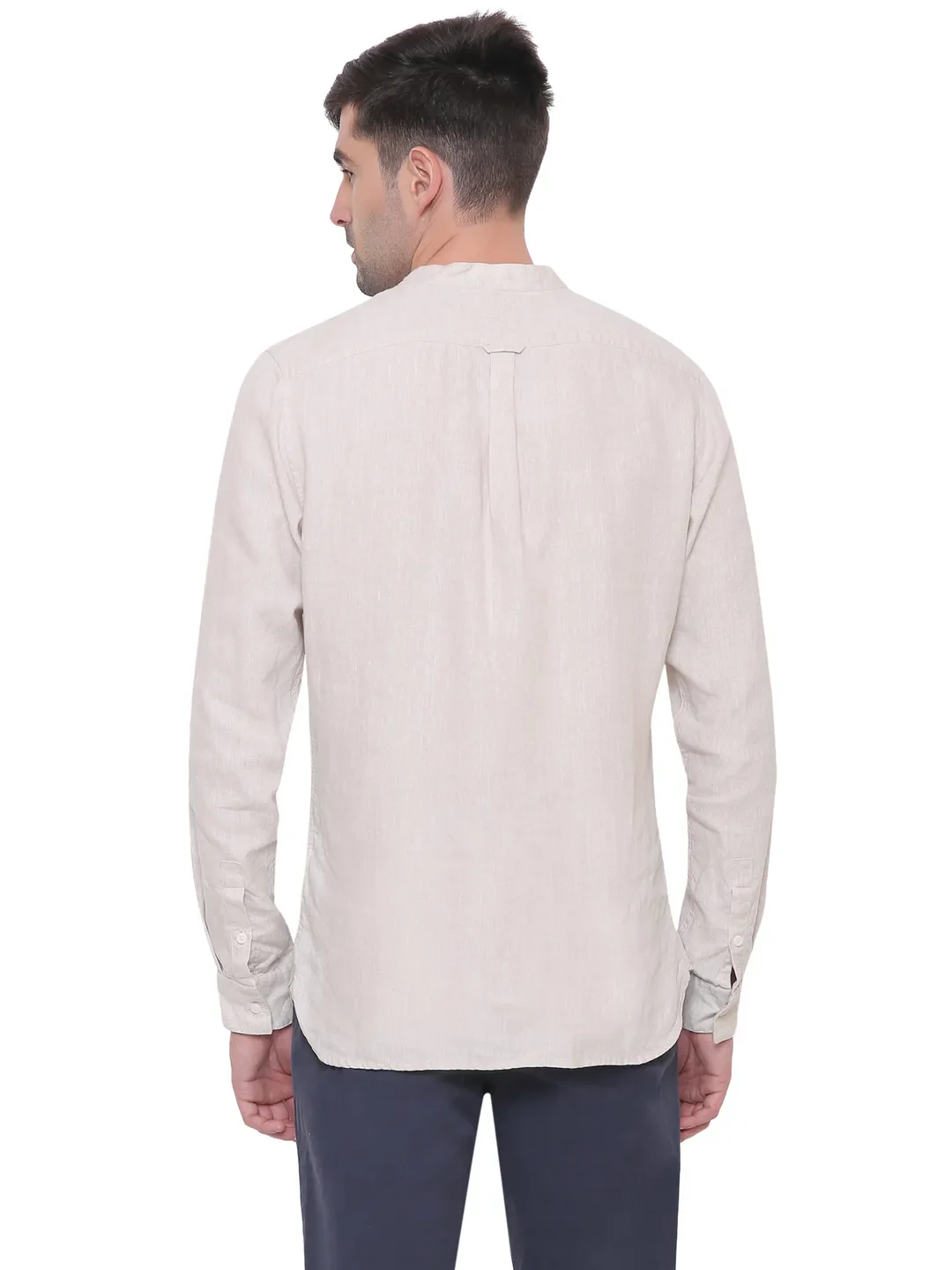 Beige Slim Straight Fit Mandarin Collar Long Sleeves Cotton Men's Shirt by Being Human Clothing - Image 3