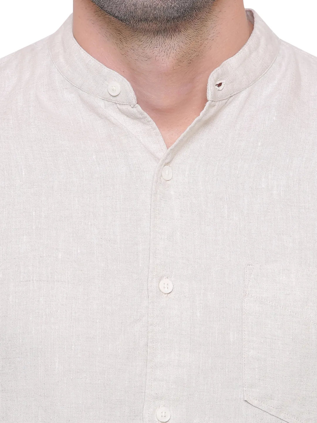 Beige Slim Straight Fit Mandarin Collar Long Sleeves Cotton Men's Shirt by Being Human Clothing - Image 4
