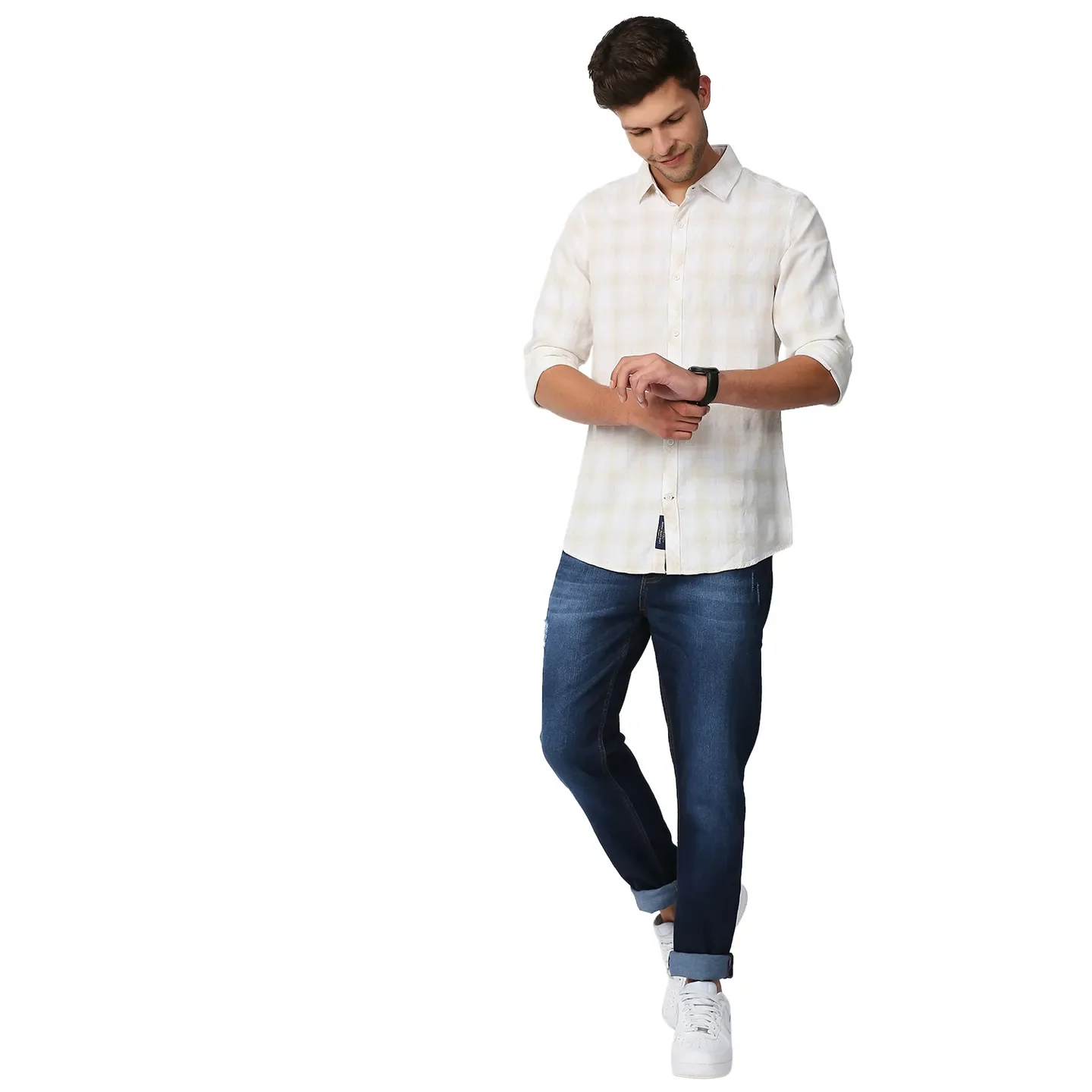 Beige Slim Straight Fit Regular Collar Long Sleeves Men's Shirt by Being Human Clothing - Image 6