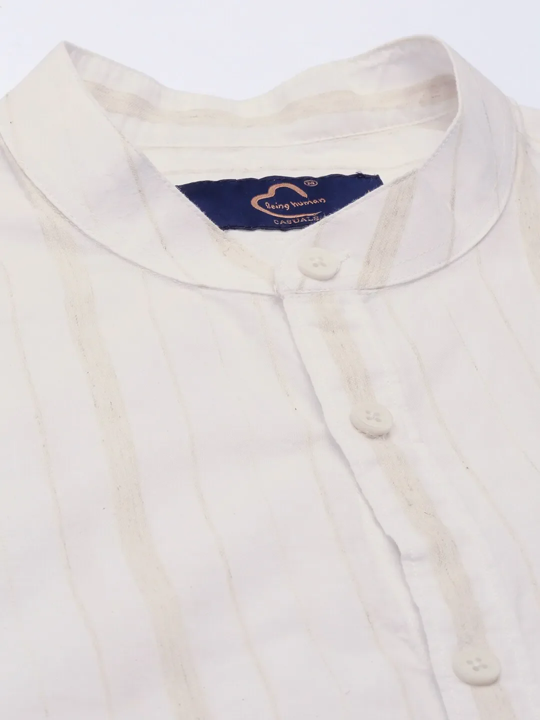 Beige Slim Straight Fit Mandarin Collar Long Sleeves Men's Shirt by Being Human Clothing - Image 5