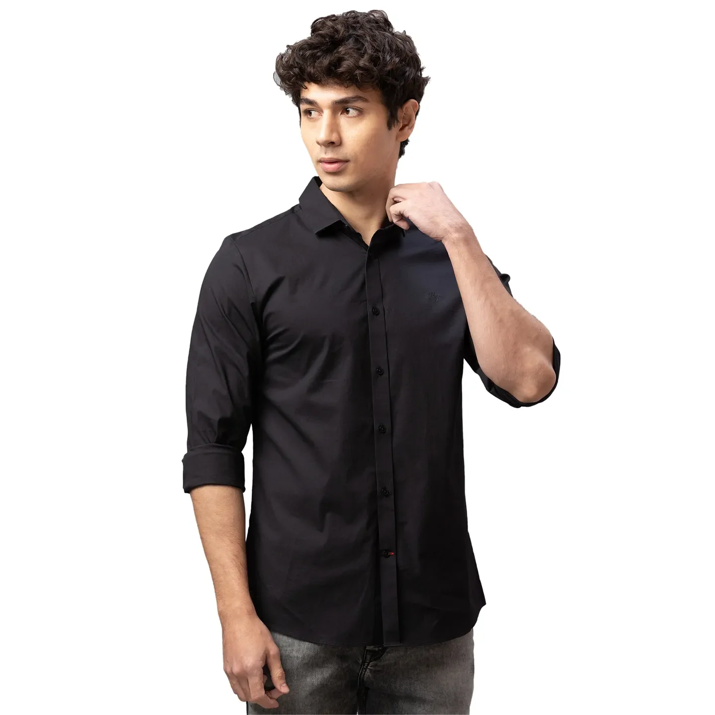 Black Skinny Straight Fit Regular Collar Long Sleeves Cotton Men's Shirt by Being Human Clothing