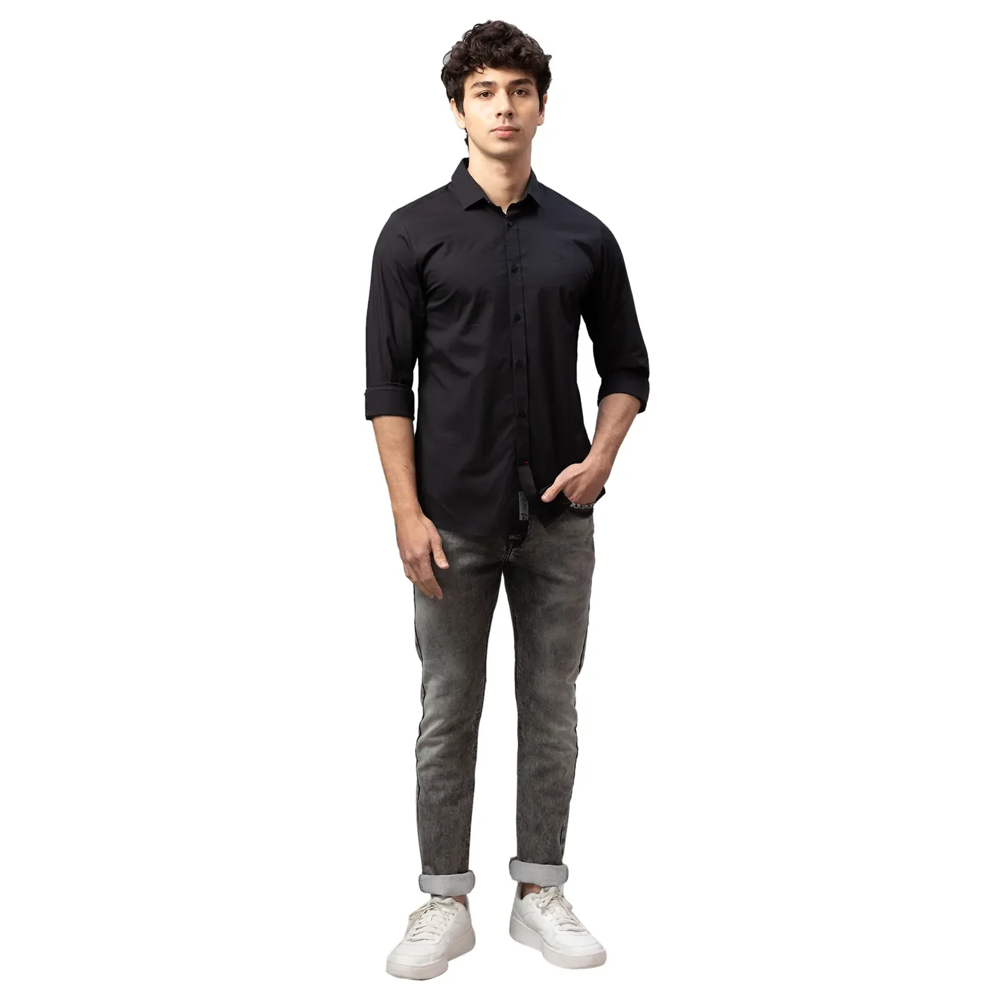 Black Skinny Straight Fit Regular Collar Long Sleeves Cotton Men's Shirt by Being Human Clothing - Image 2