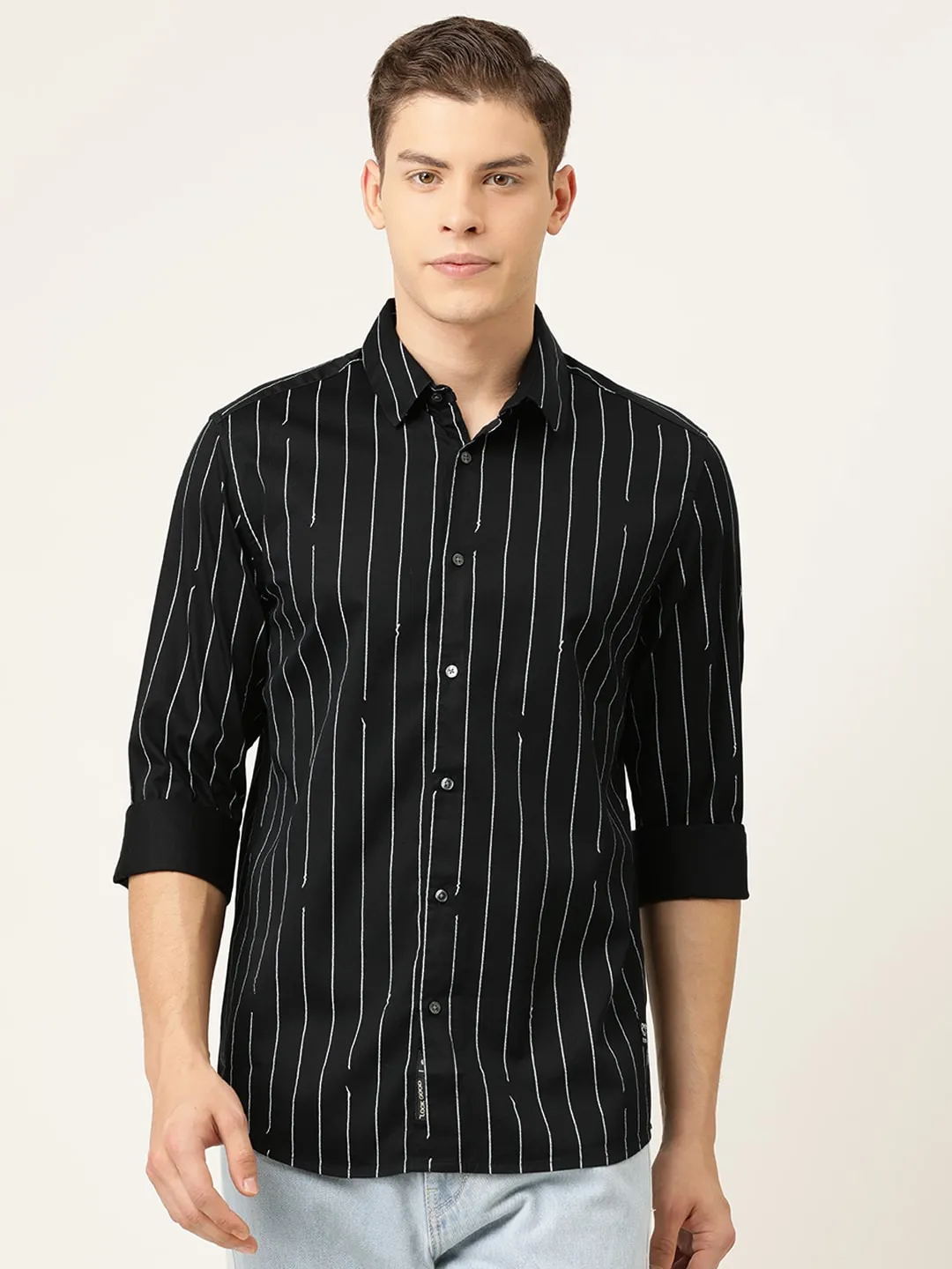Black Slim Straight Fit Regular Collar Long Sleeves Men's Shirt by Being Human Clothing