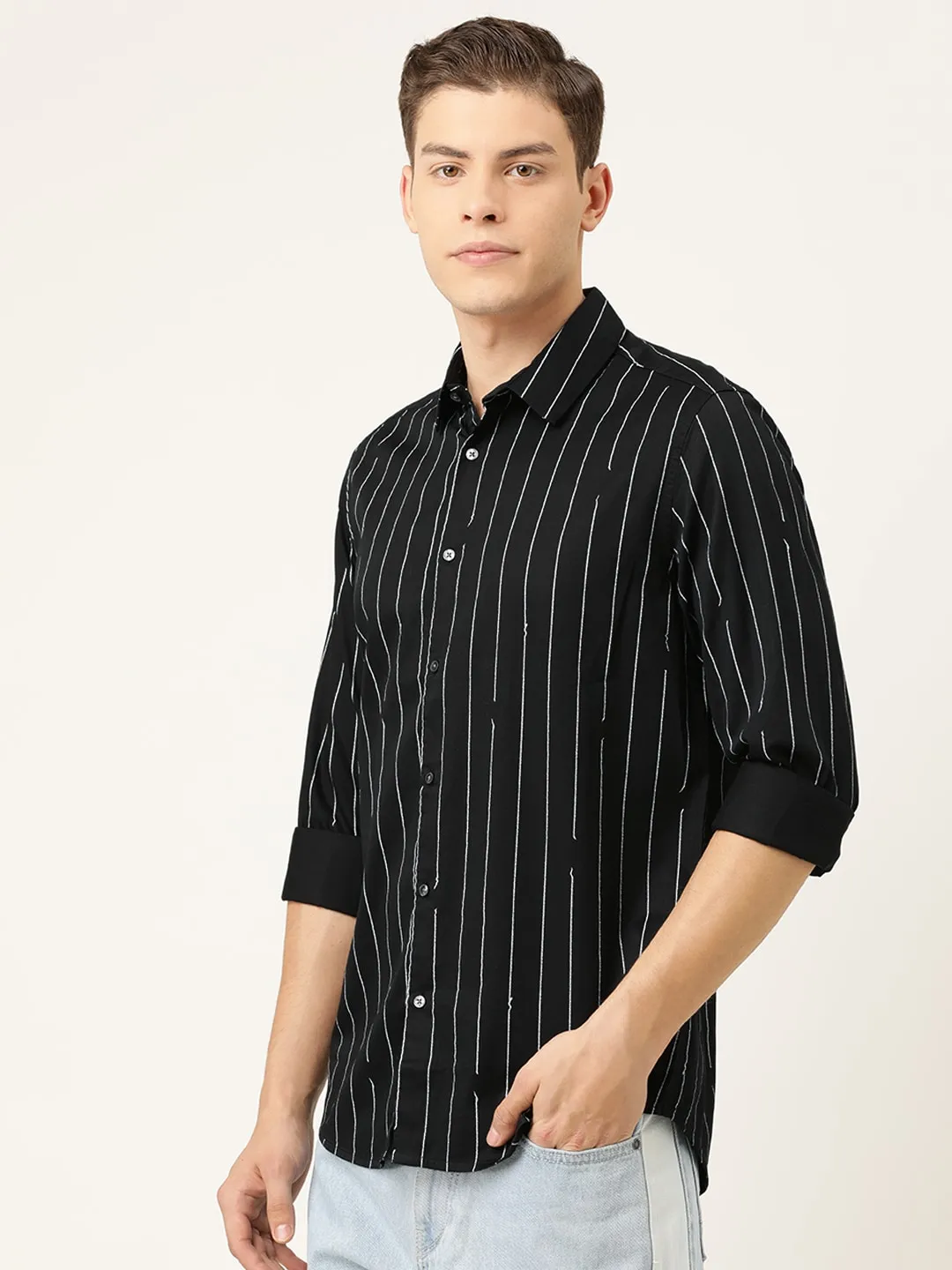 Black Slim Straight Fit Regular Collar Long Sleeves Men's Shirt by Being Human Clothing - Image 2