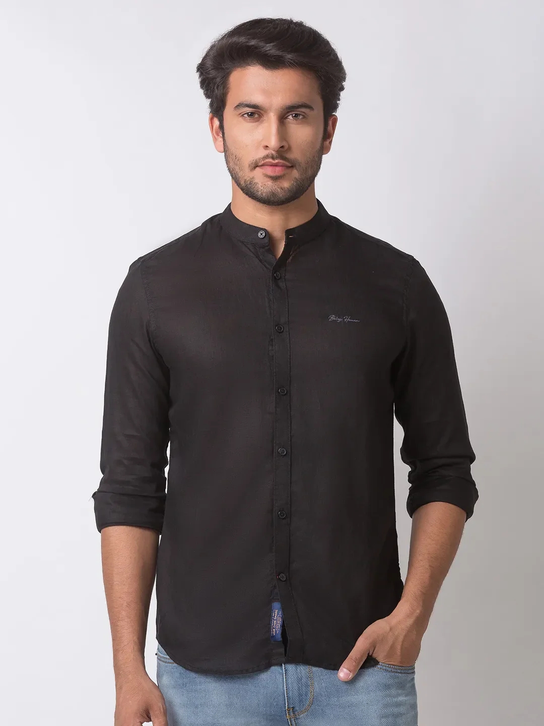 Black Slim Straight Fit Mandarin Collar Long Sleeves Cotton Men's Shirt by Being Human Clothing
