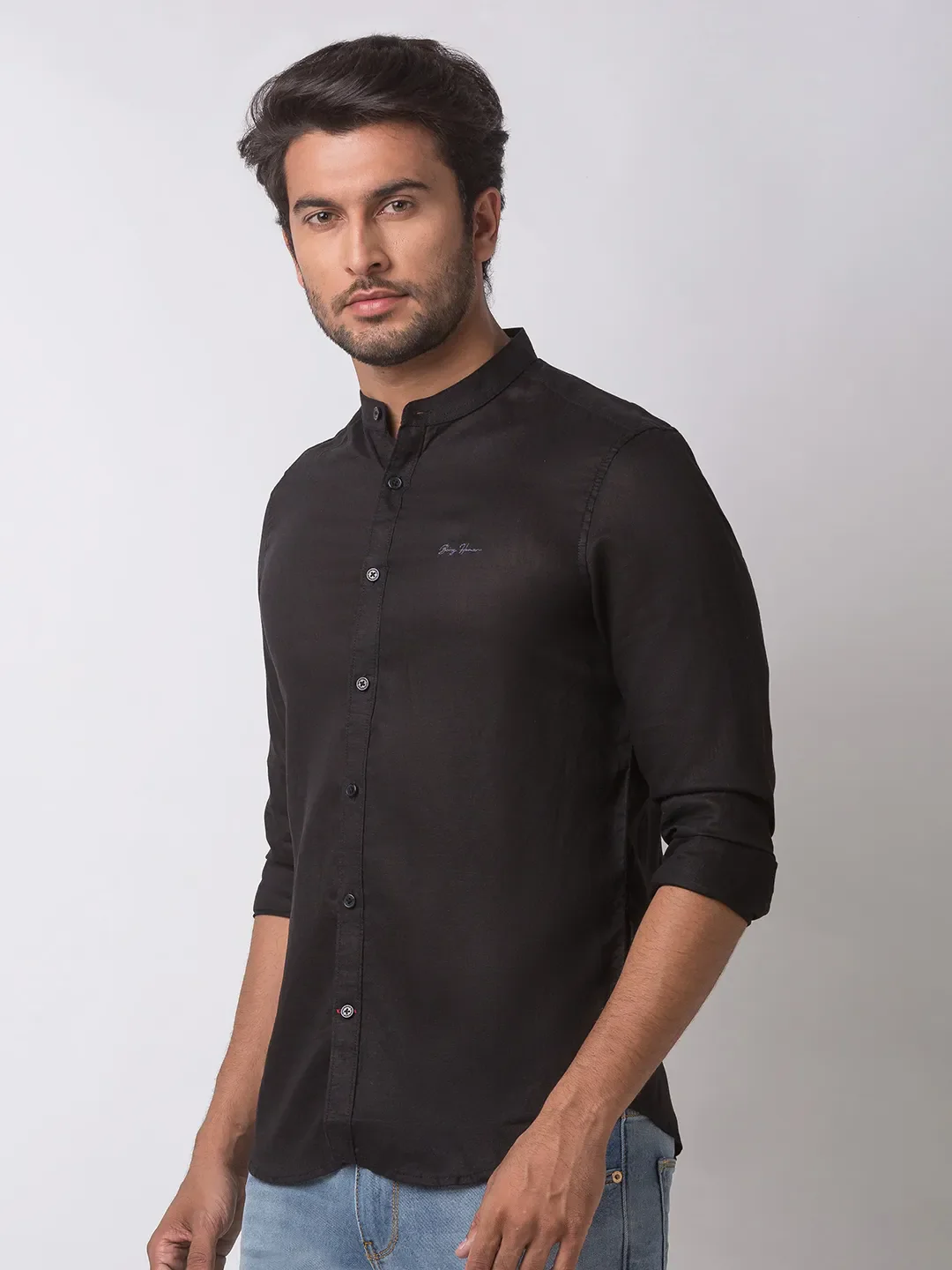 Black Slim Straight Fit Mandarin Collar Long Sleeves Cotton Men's Shirt by Being Human Clothing - Image 2