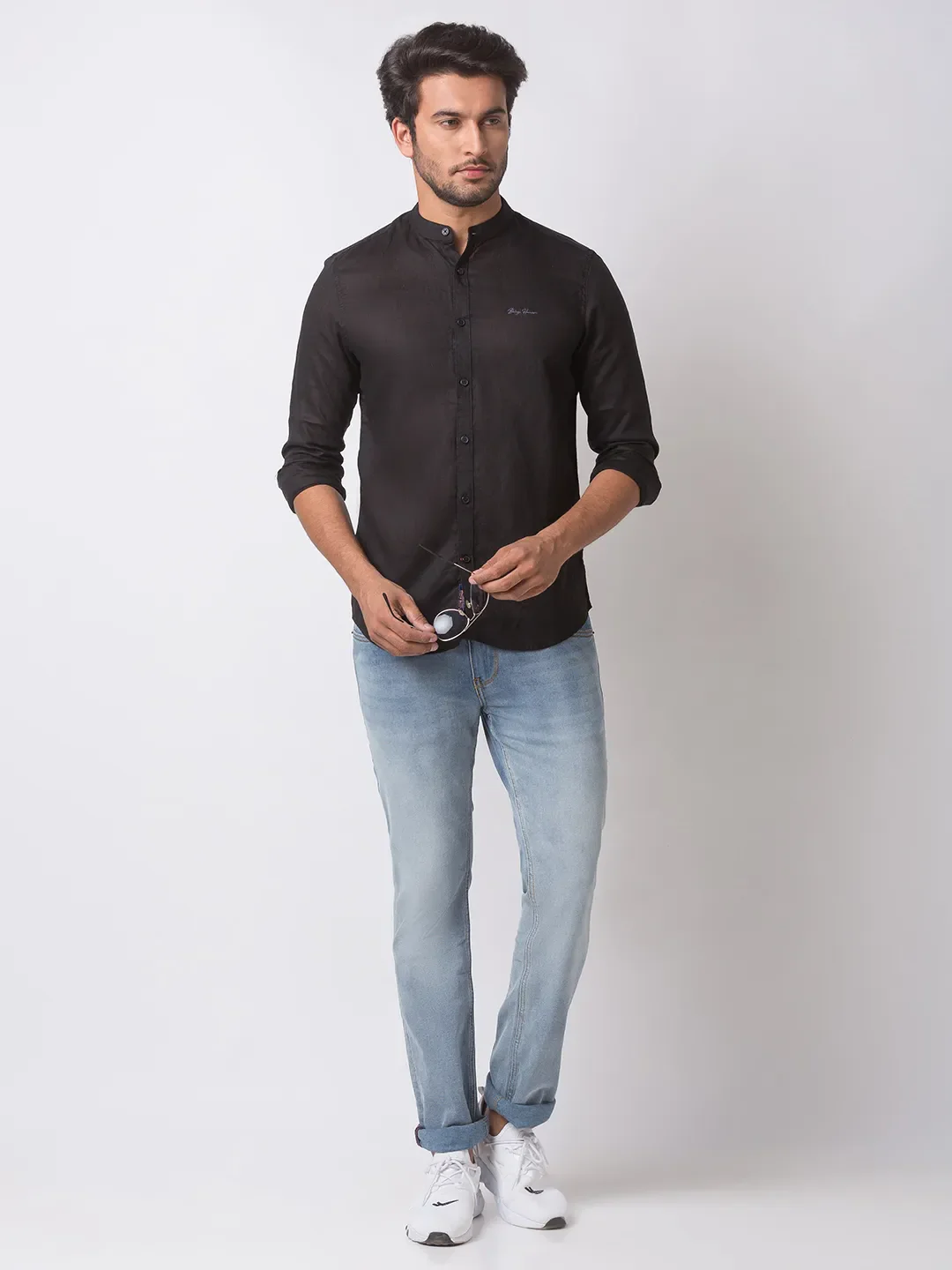 Black Slim Straight Fit Mandarin Collar Long Sleeves Cotton Men's Shirt by Being Human Clothing - Image 5