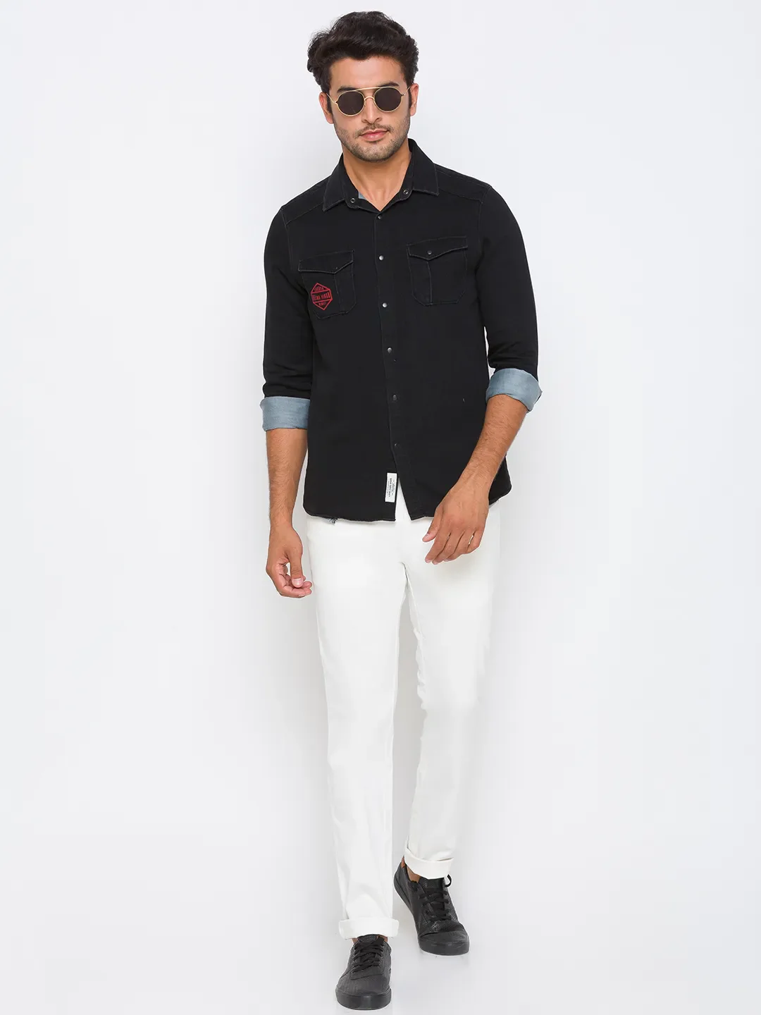 Black Slim Straight Fit Regular Collar Long Sleeves Cotton Men's Shirt by Being Human Clothing - Image 5