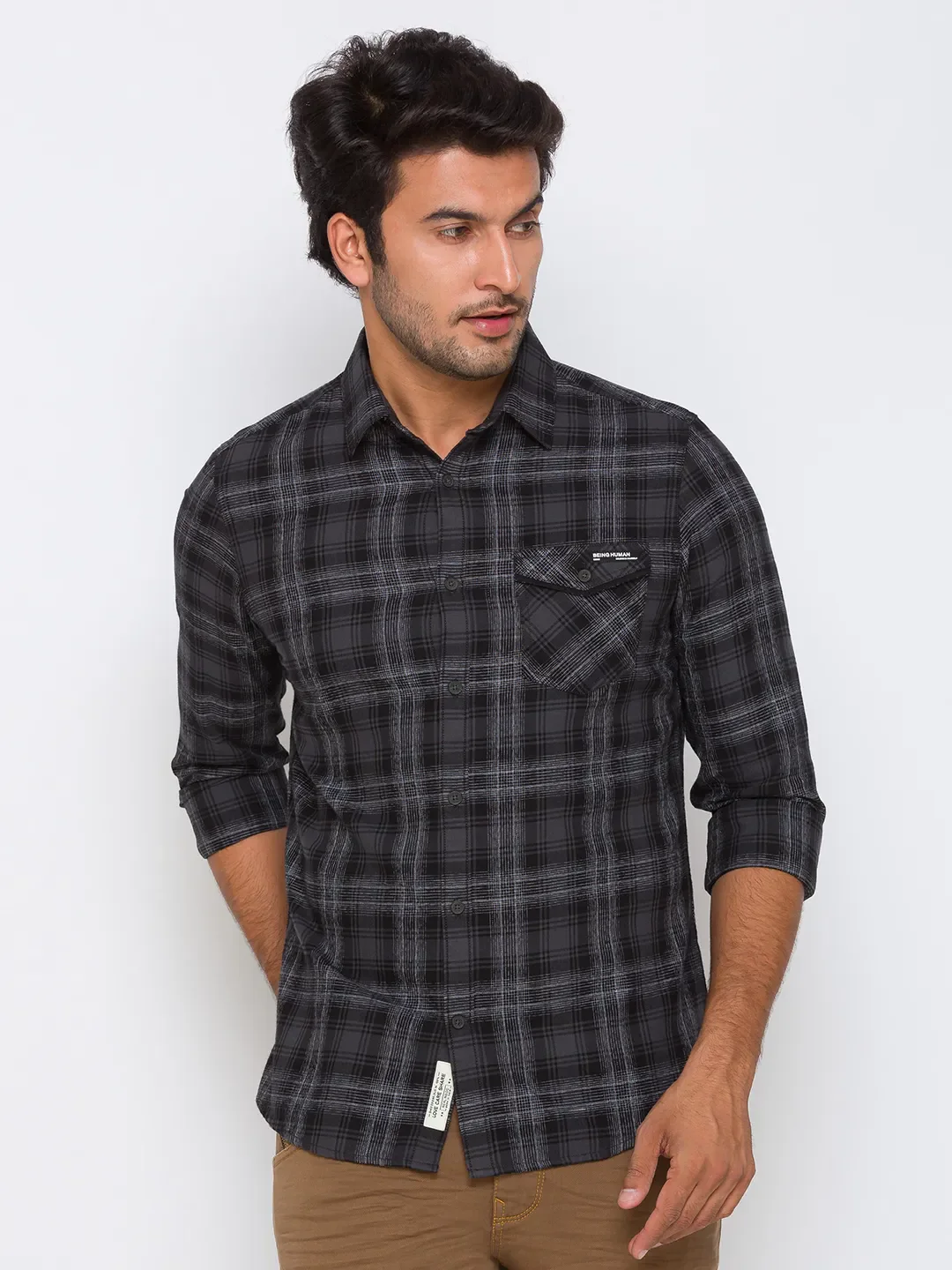 Black Slim Straight Fit Regular Collar Long Sleeves Cotton Men's Shirt by Being Human Clothing