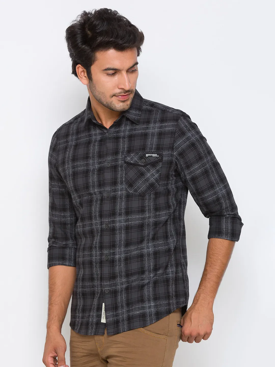 Black Slim Straight Fit Regular Collar Long Sleeves Cotton Men's Shirt by Being Human Clothing - Image 2