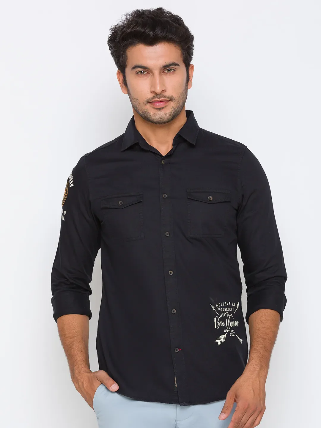 Black Slim Straight Fit Regular Collar Long Sleeves Cotton Men's Shirt by Being Human Clothing