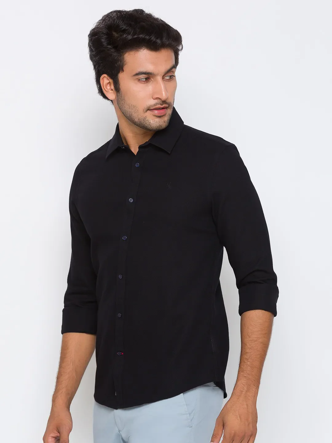 Black Slim Straight Fit Regular Collar Long Sleeves Cotton Men's Shirt by Being Human Clothing - Image 2