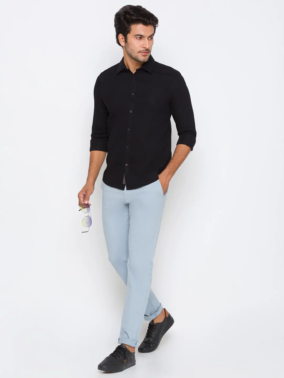 Black Slim Straight Fit Regular Collar Long Sleeves Cotton Men's Shirt by Being Human Clothing - Image 5