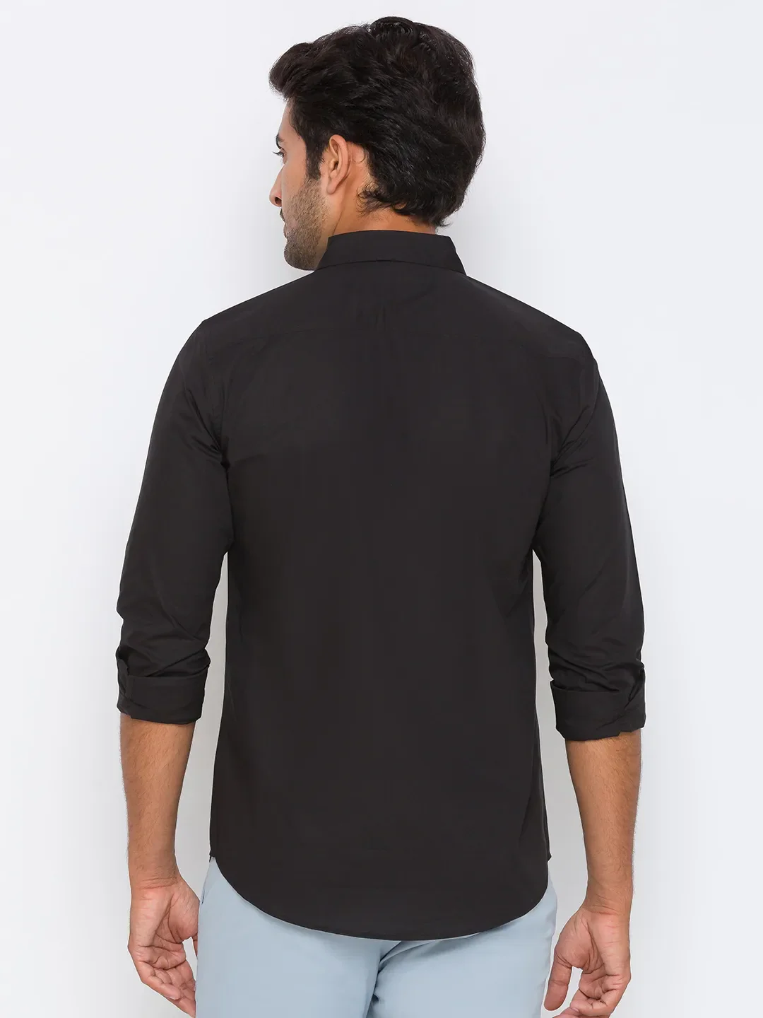 Black Slim Straight Fit Regular Collar Long Sleeves Cotton Men's Shirt by Being Human Clothing - Image 4