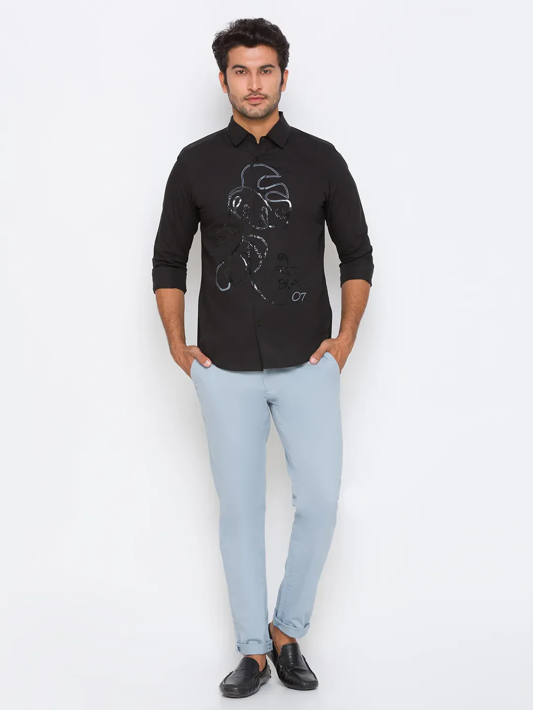 Black Slim Straight Fit Regular Collar Long Sleeves Cotton Men's Shirt by Being Human Clothing - Image 5