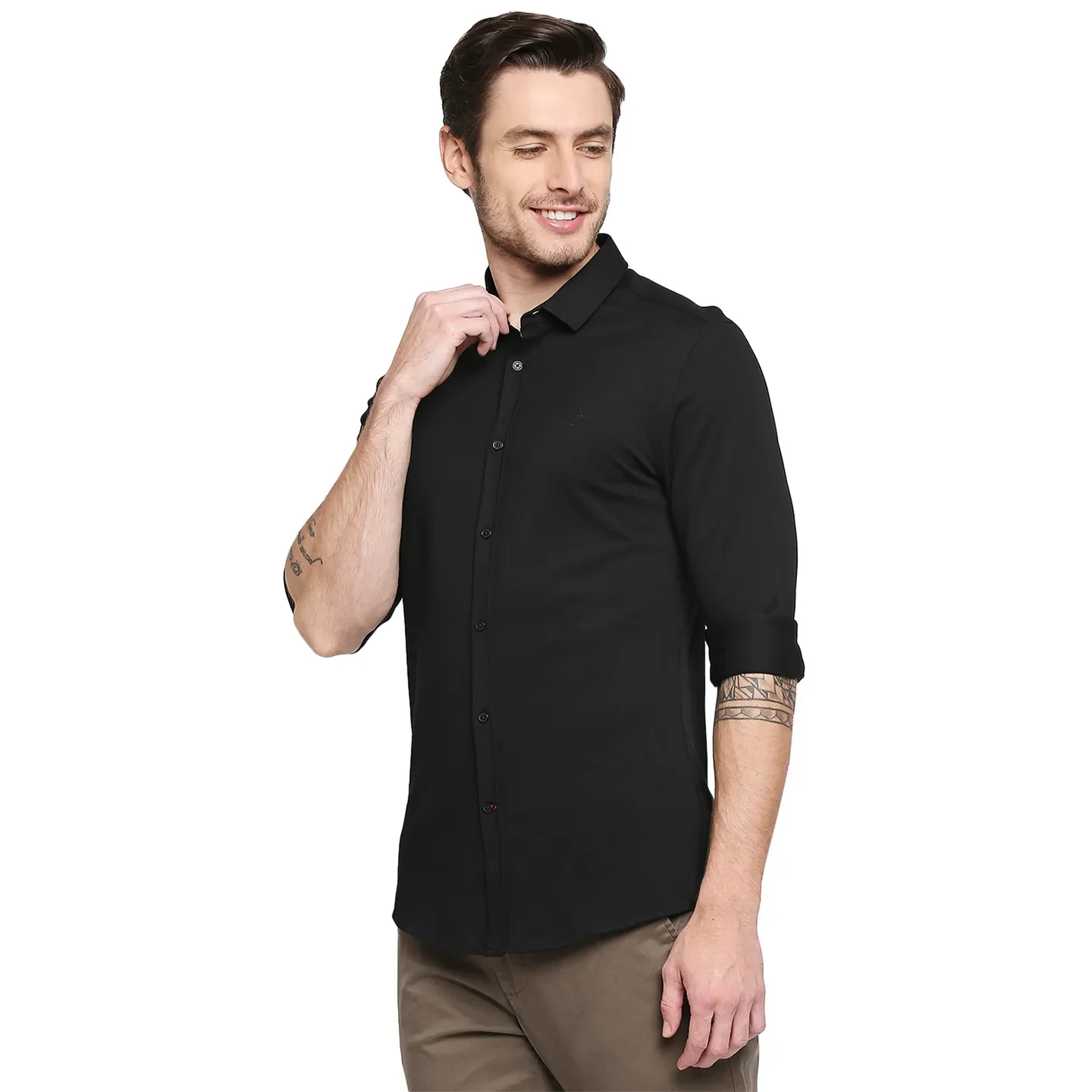 Black Slim Straight Fit Regular Collar Long Sleeves Cotton Men's Shirt by Being Human Clothing - Image 2