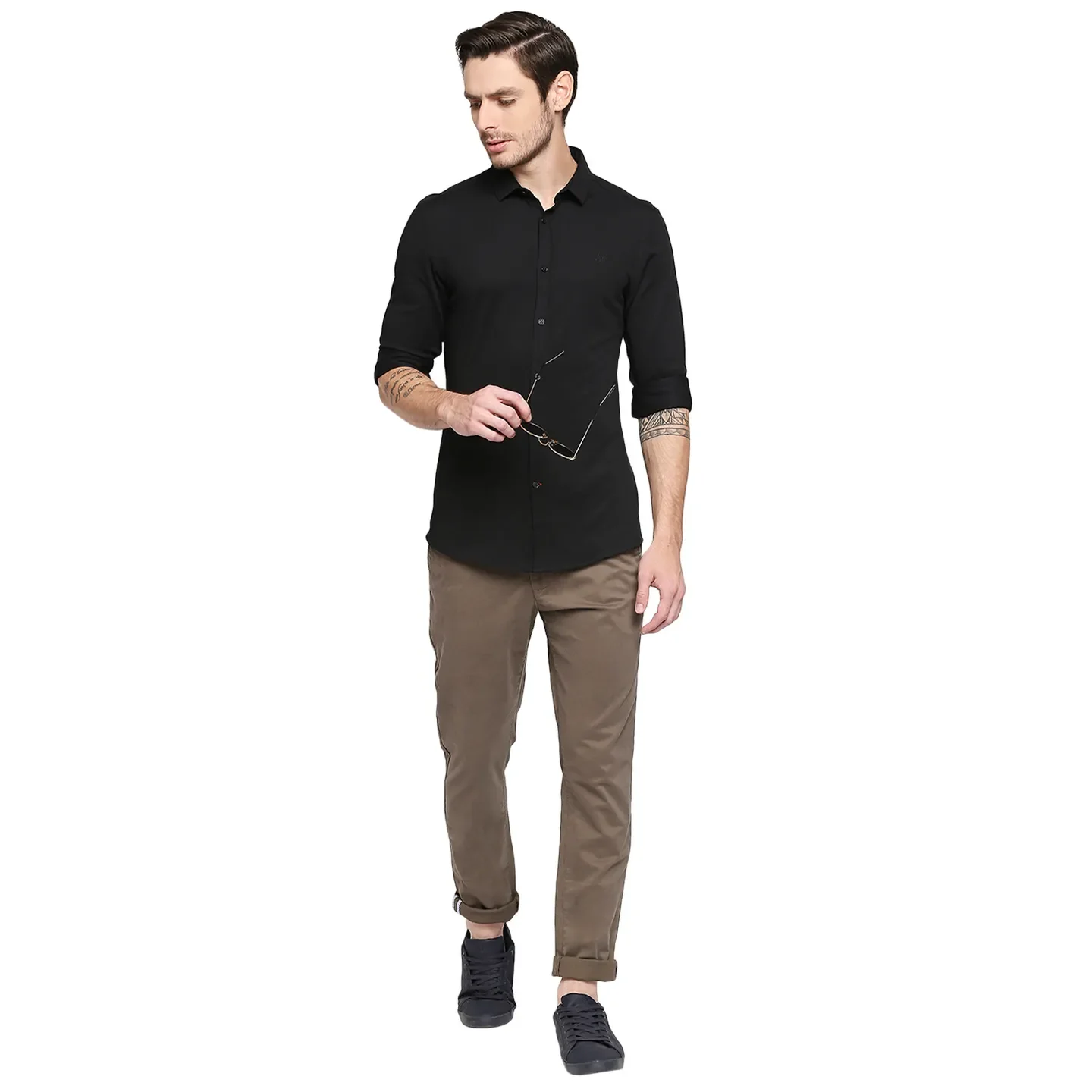 Black Slim Straight Fit Regular Collar Long Sleeves Cotton Men's Shirt by Being Human Clothing - Image 5