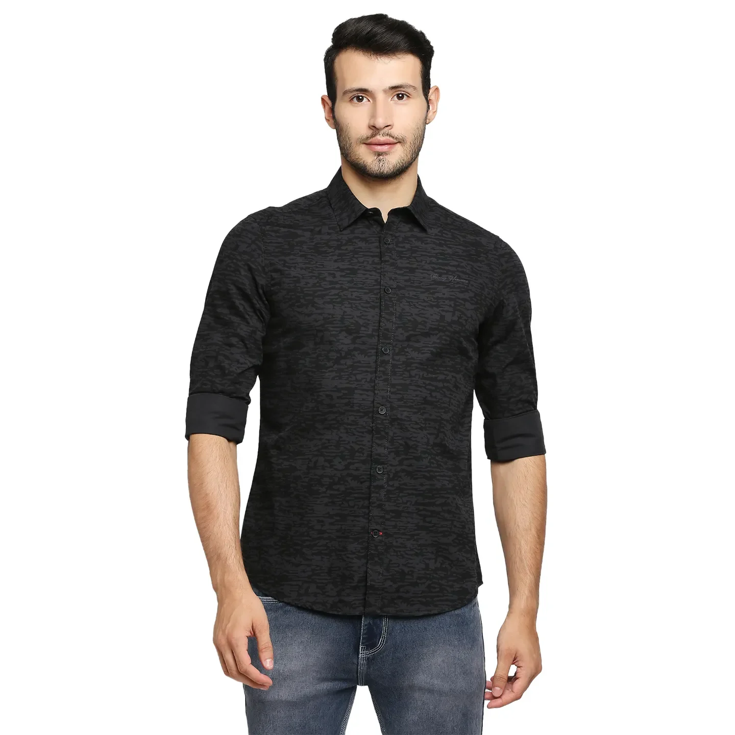 Black Slim Straight Fit Regular Collar Long Sleeves Cotton Men's Shirt by Being Human Clothing